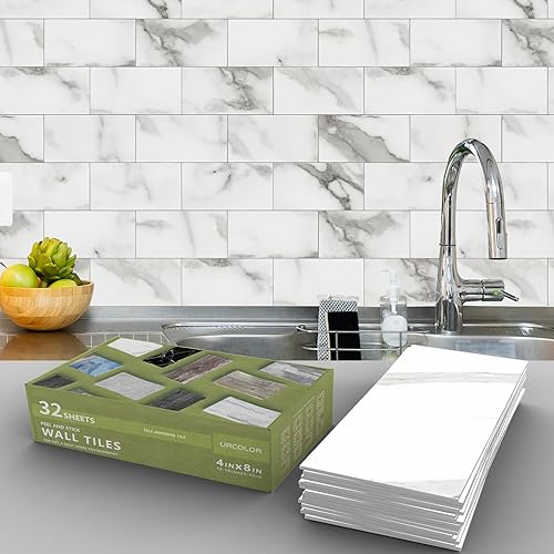 URCOLOR Azulejos de pared de 32 piezas para despegar y pegar, 4 x 8 pulgadas, PVC rústico pizarra blanca para cocina, baño, lavandería, cámper,