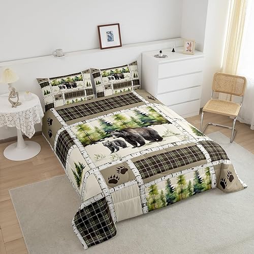 Miniatura 5 de Erosebridal Juego de edredón de oso rústico, juego de ropa de cama de animales de caza, juego de edredón de selva de granja, a cuadros, retazos, con