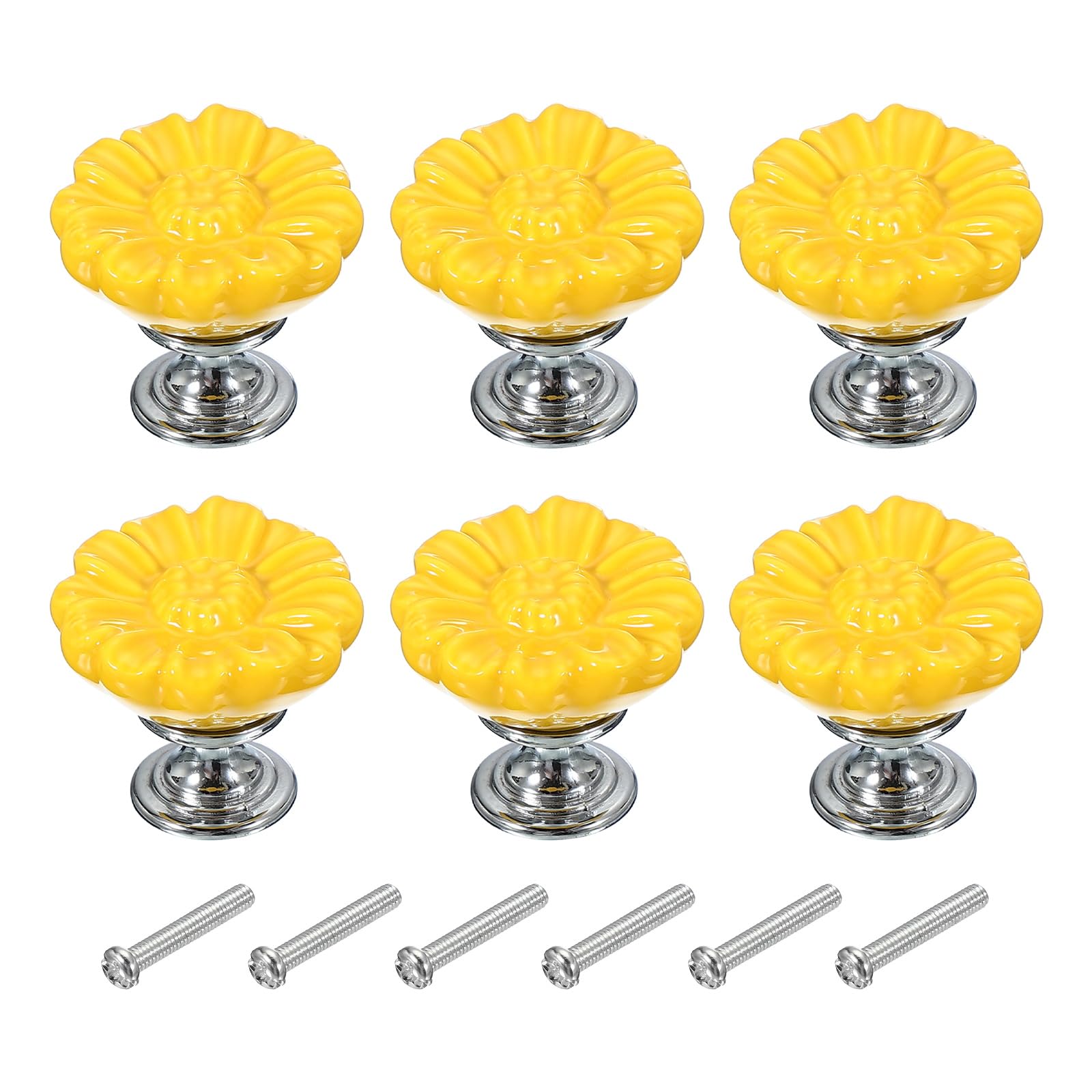 PATIKIL Vintage Floral Knobs, 1-5/16" Round, 6 Pcs Ceramic & Zinc Alloy, Yellow, Retro Style, Kitchen & Bathroom Hardware