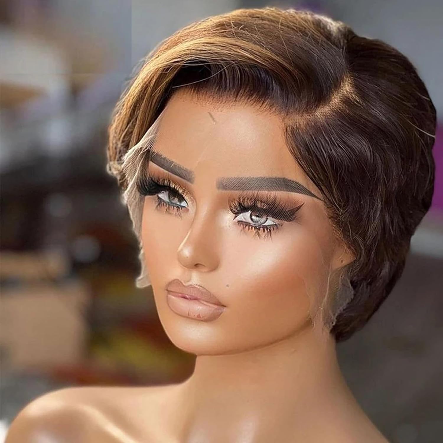 Short Bob Straight Highlight #4/27 Ombre Brown 13X4 HD Lace Front Wig with Baby Hair Pre Plucked Virgin Human Hair Glueless Brazilian Remy 150% Density for Black Women 8 Inch