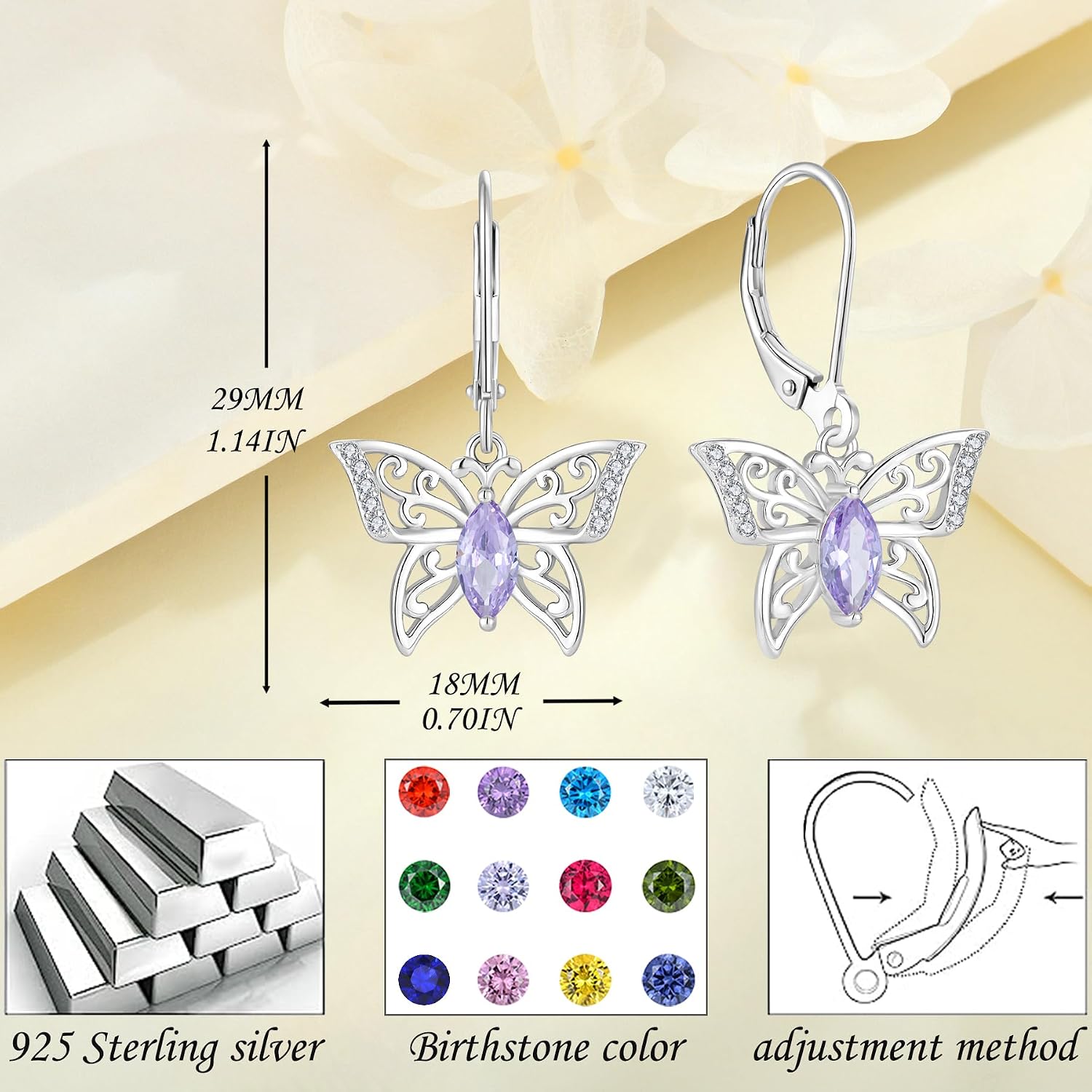 Butterfly Birthstone Jewelry Leverback Earrings 925 Sterling Silver 5A Cubic Zirconia Animal Earrings Women Dangle Drop Butterfly Earrings