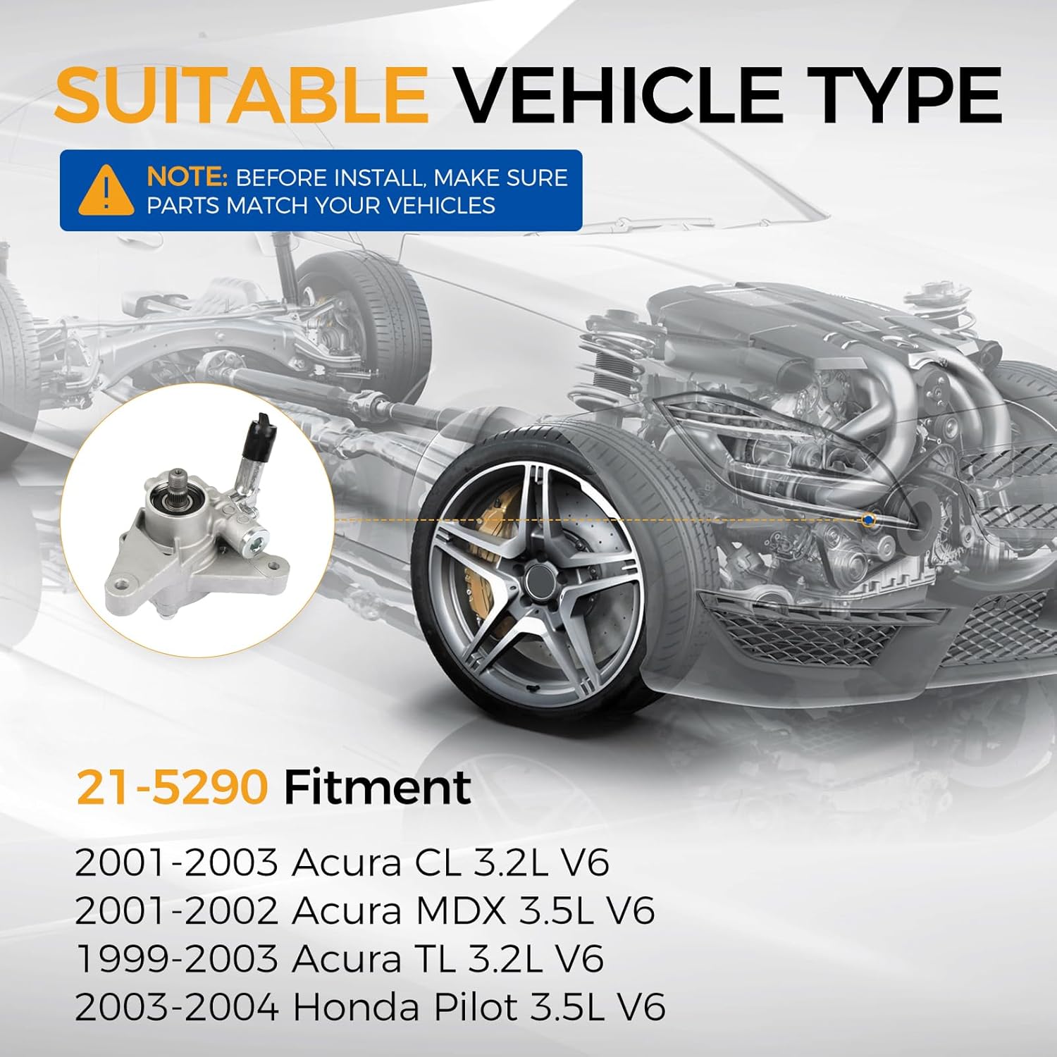 PAROD 21-5290 Power Steering Pump fit for 2001-2003 Acura CL, 2001-2002 Acura MDX, 1999-2003 Acura TL, 2003-2004 Honda Pilot 3.2L 3.5L V6 Replace Part #56110-PVF-A01 56110-PGK-A01 56110-P8E-A01