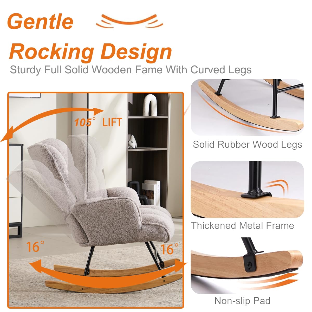 YsatUasyt Rocking Chair Nursery, Teddy Upholstered Glider Rocker with High Backrest, Reading Chair Modern Rocking Accent Chairs,Glider Chair with Ottoman for Bedroom, Nursing, Living Room (Grey)