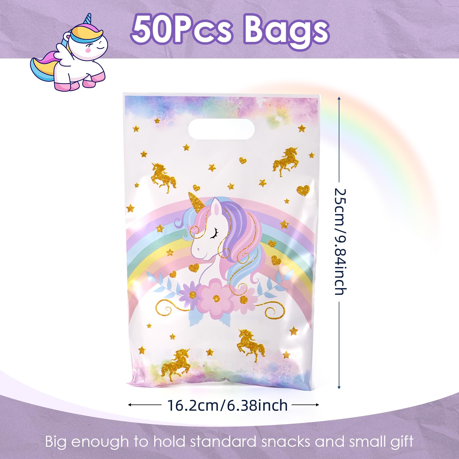 50 Pcs Unicorn Party Favor Bags with Handles - Plastic Treat Bags for Candy & Small Gifts, Bulk Supplies for Wedding Baby Shower Goodie Bags, Holiday Gift Bags for Thanksgiving Halloween Christmas New Years, Birthday Party Decorations