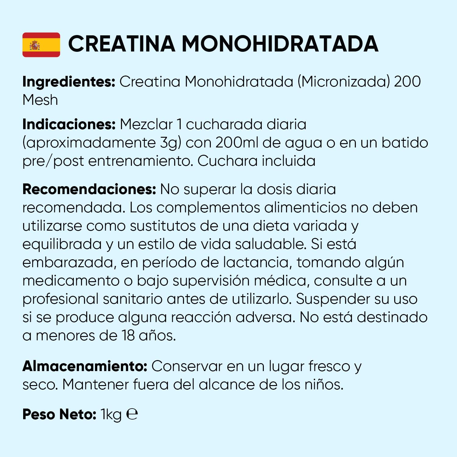 Creatina Monohidratada en Polvo 1kg/1000g para 330 Días - 100% Puro, Factor de Malla 200, 100% Monohidrato de Creatina Micronizada - Sin Sabor, Vegana, Sin Estearato de Magnesio, Cuchara Incluida - 5