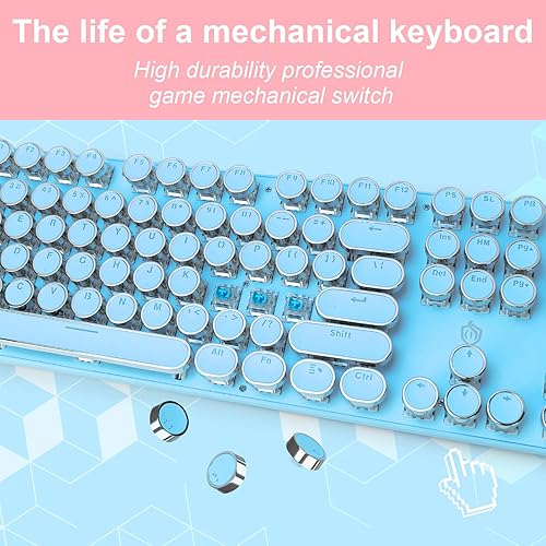Miniatura 4 de Teclado mecánico para juegos estilo máquina de escribir, retroiluminado RGB, con cable con interruptor azul, teclas redondas retro, teclado de 104