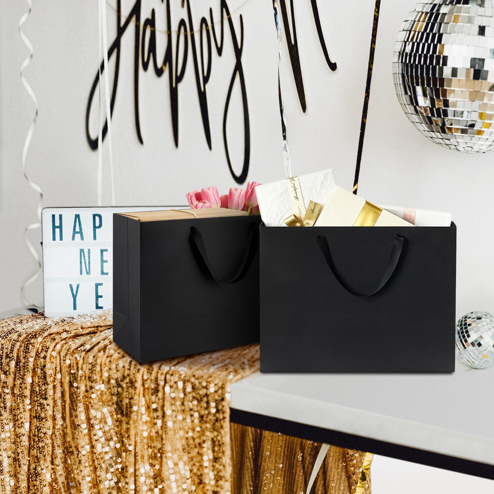 Ohuimrt 12-Count Extra Large Black Gift Bags with Tissue Paper, 16x6x12 Inch Premium Matte Black Paper Bags with Handles for Party Shopping Birthday Wedding