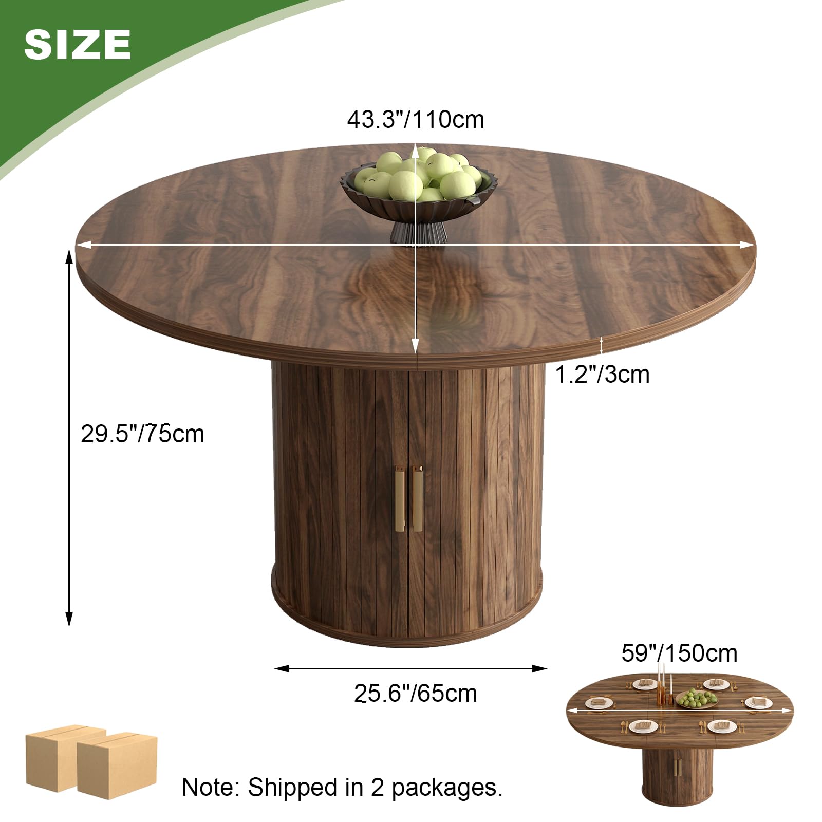 Esstisch Ausziehbar, Runder Esszimmertisch mit Holzsockel, Ausziehbar zu Oval, Moderner Küchentisch für 4-6 Personen, Rustikal Braun,Pedestal Base
