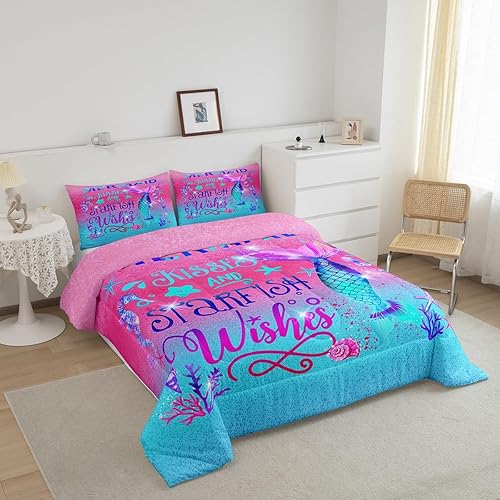 Miniatura 2 de Juego de edredón de sirena tamaño matrimonial, juego de ropa de cama de escamas de peces de dibujos animados para niños, niñas y mujeres, juego de