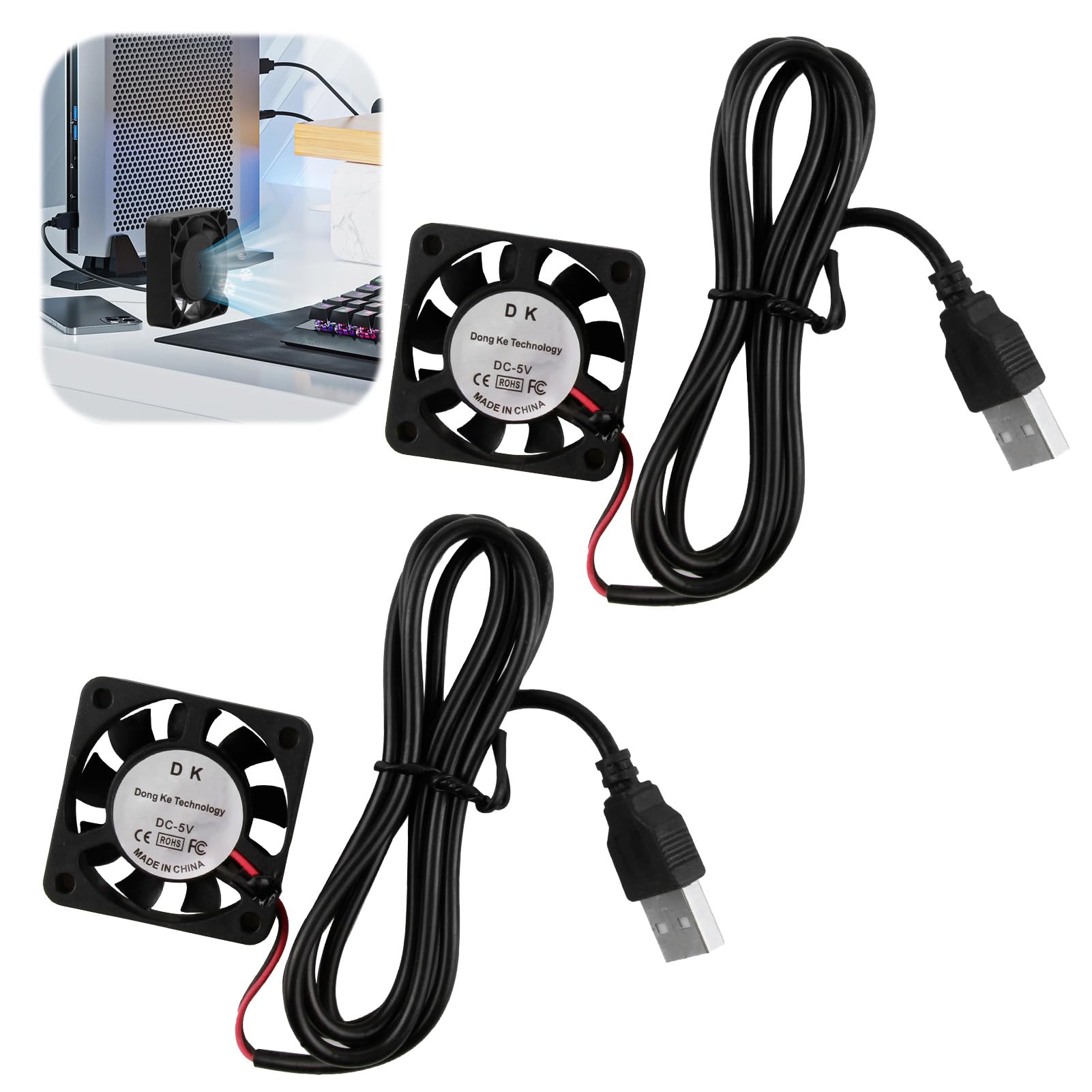 Set of 2 Mini Silent USB Cooling Fans 40x40x10mm DC 5V with Cables, 4010 USB Fan, Brushless DC Fan, For Purifiers, Computers, Monitoring