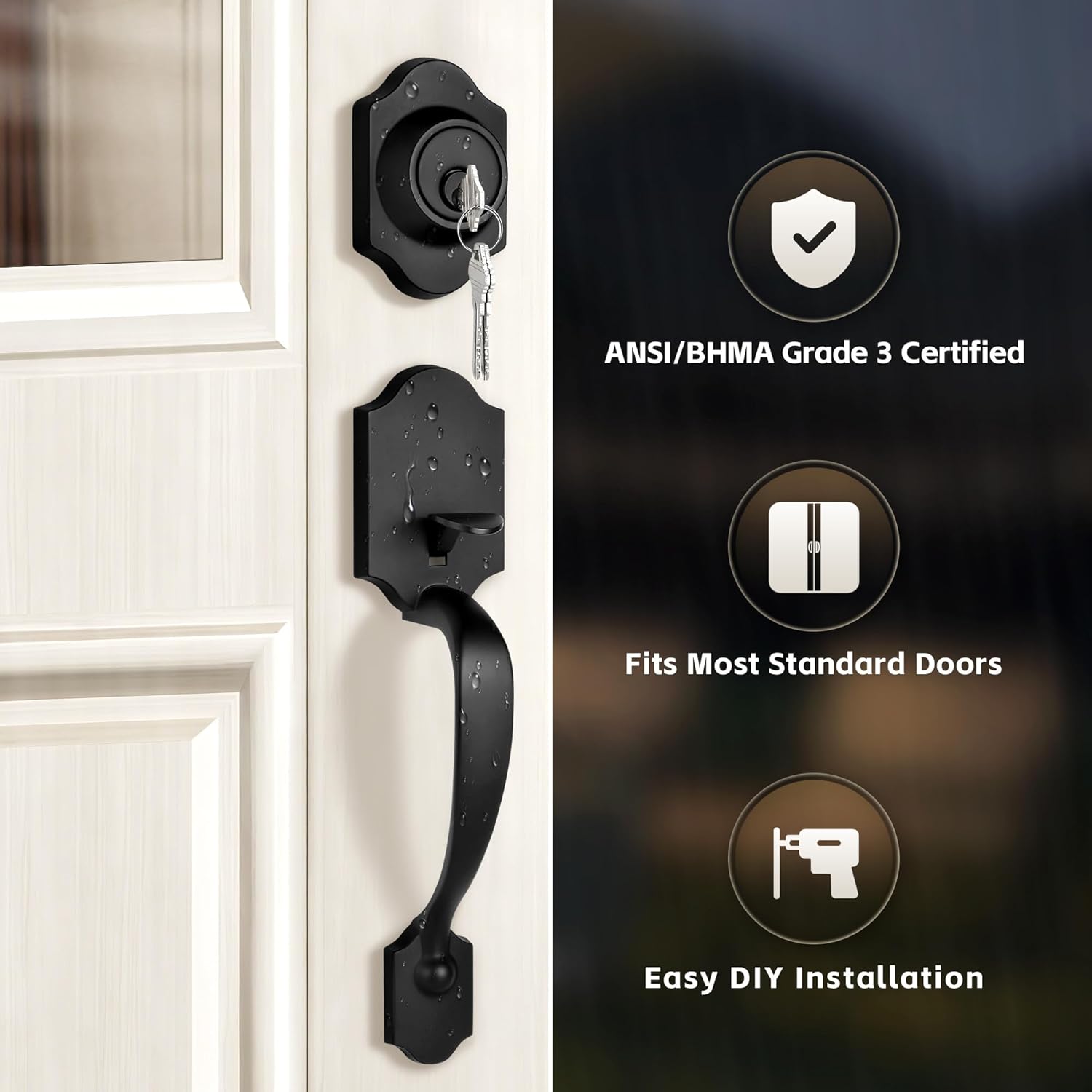 Double Front Door Handleset with Deadbolt – Matte Black Classic Entry Handle Set with Dummy, Reversible Lever, Zinc Alloy, Exterior Lock Set