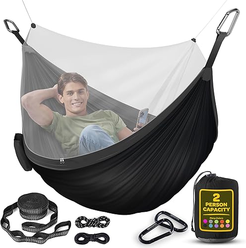 Miniatura 43 de Hamaca de nailon ligera y duradera para campamento, capacidad de 500 libras, tamaños dobles o individuales, con correas para árbol y bolsa