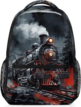 Bardic Vintage Train Kids Backpack for Boys Girls, 16 Inch School Backpack Locomotive Train Elementary School Bag Students Bookbags Travel Laptop Backpacks Casual Daypack
