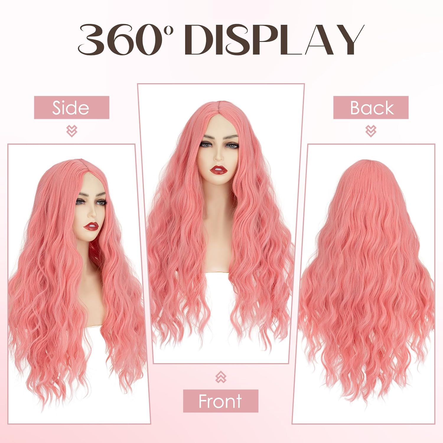 S-noilite Long Wavy Wig 24inch Pink Long Wigs for Women Middle Part Natural Looking Synthetic Wigs for Cospaly Daily Use - Image 5