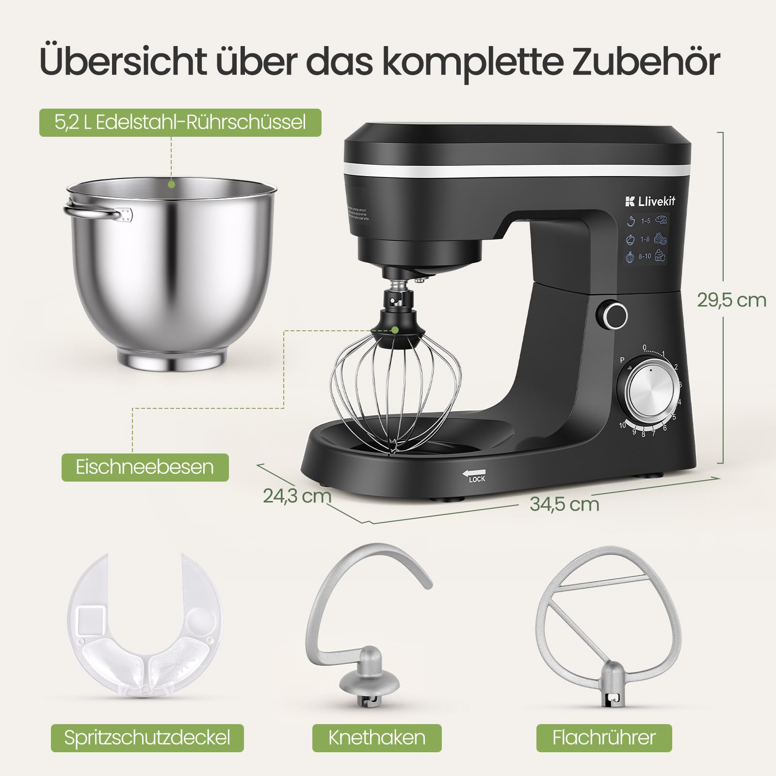 LLIVEKIT 1500W Küchenmaschine, 5,2L Edelstahl-Rührschüssel, Knetmaschine Rührmaschine mit 10 Geschwindigkeiten + Pulsfunktion, Überhitzungsschutz, Multifunktional Haushalts-Backgerät