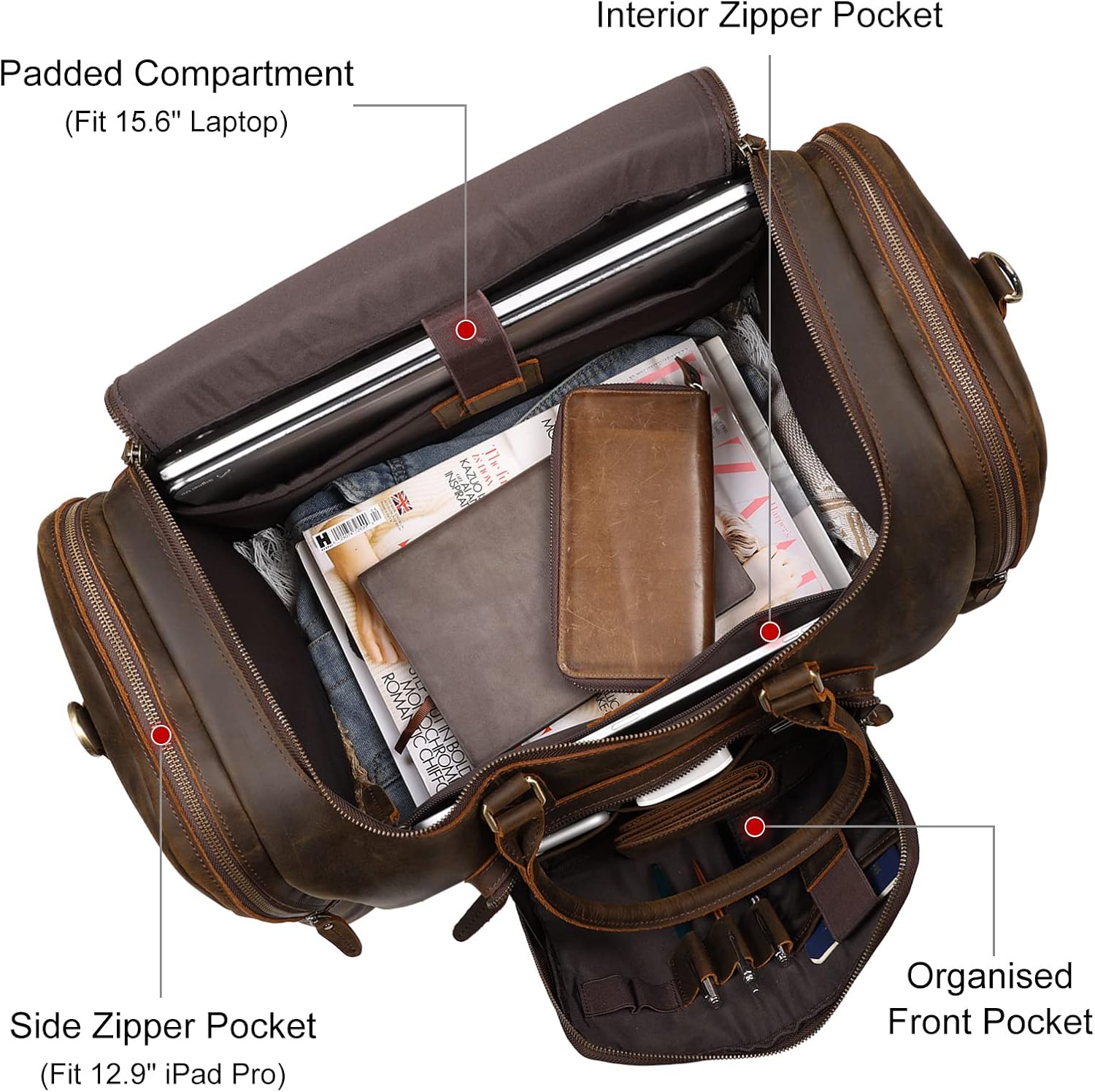 TIDING Full Grain Leather Travel Duffel Bag for Men, 23 Inch Vintage Weekender Overnight Gym Duffle Bag 52L Luggage Bag - Image 5