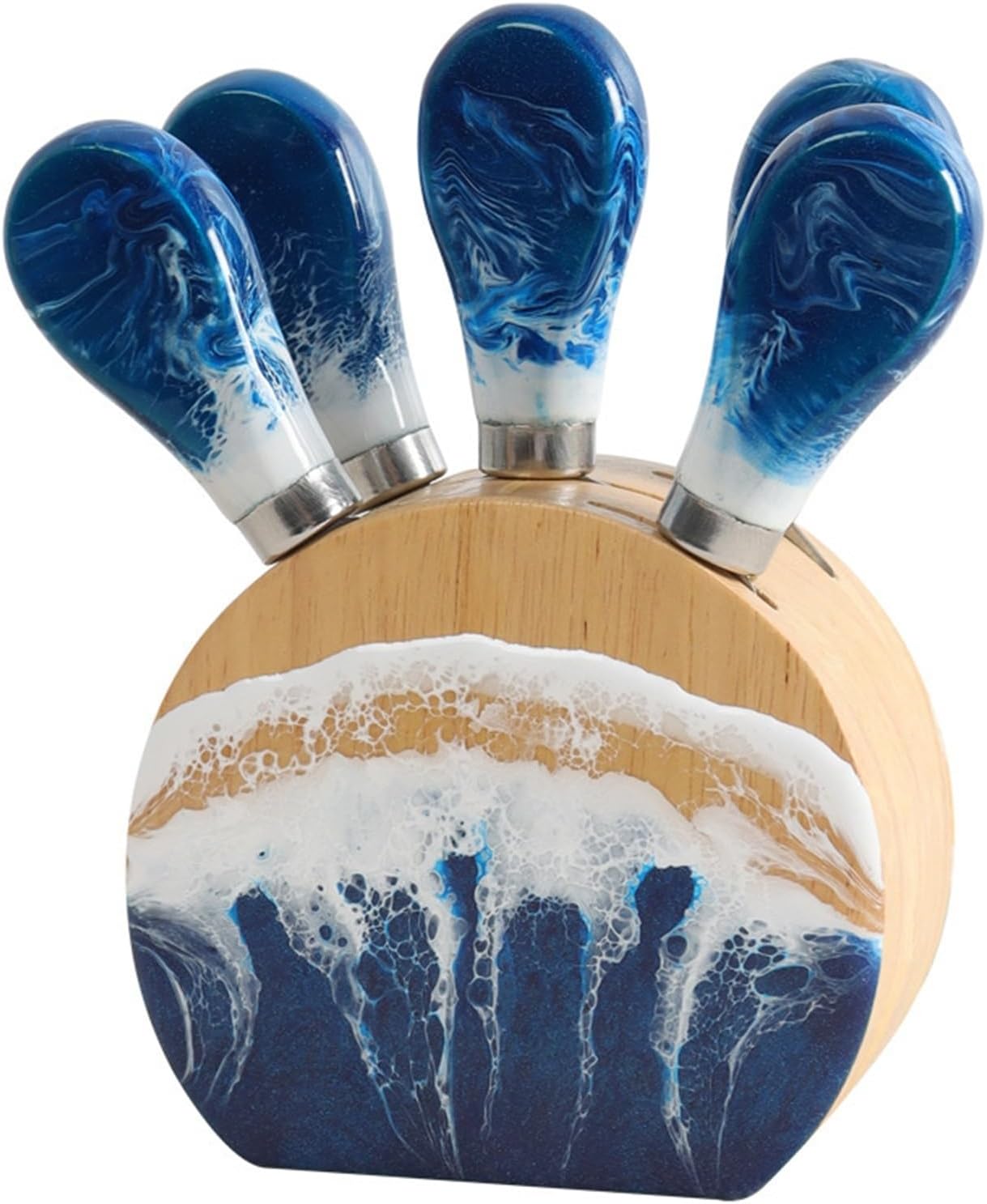 Resin cheese knife set with oak box 6 pieces suitable for housewarming party(Blue)