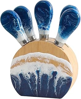 Stainless Steel Resin Cheese Knife Set with Oak Box 6-piece Suitable for Housewarming Party Comfortable Grip(Blue)