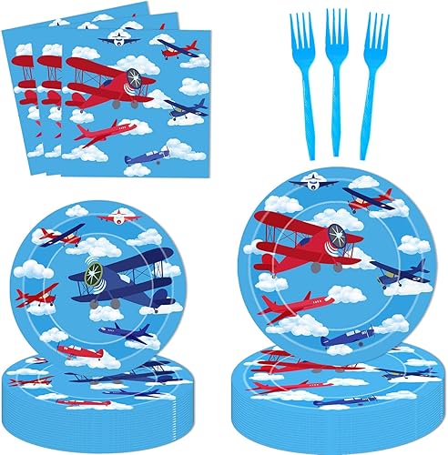 Letromp Suministros para fiestas de avión, platos de papel para aviones, servilletas, tenedores, vajilla para temática de aviación, baby shower, 1,