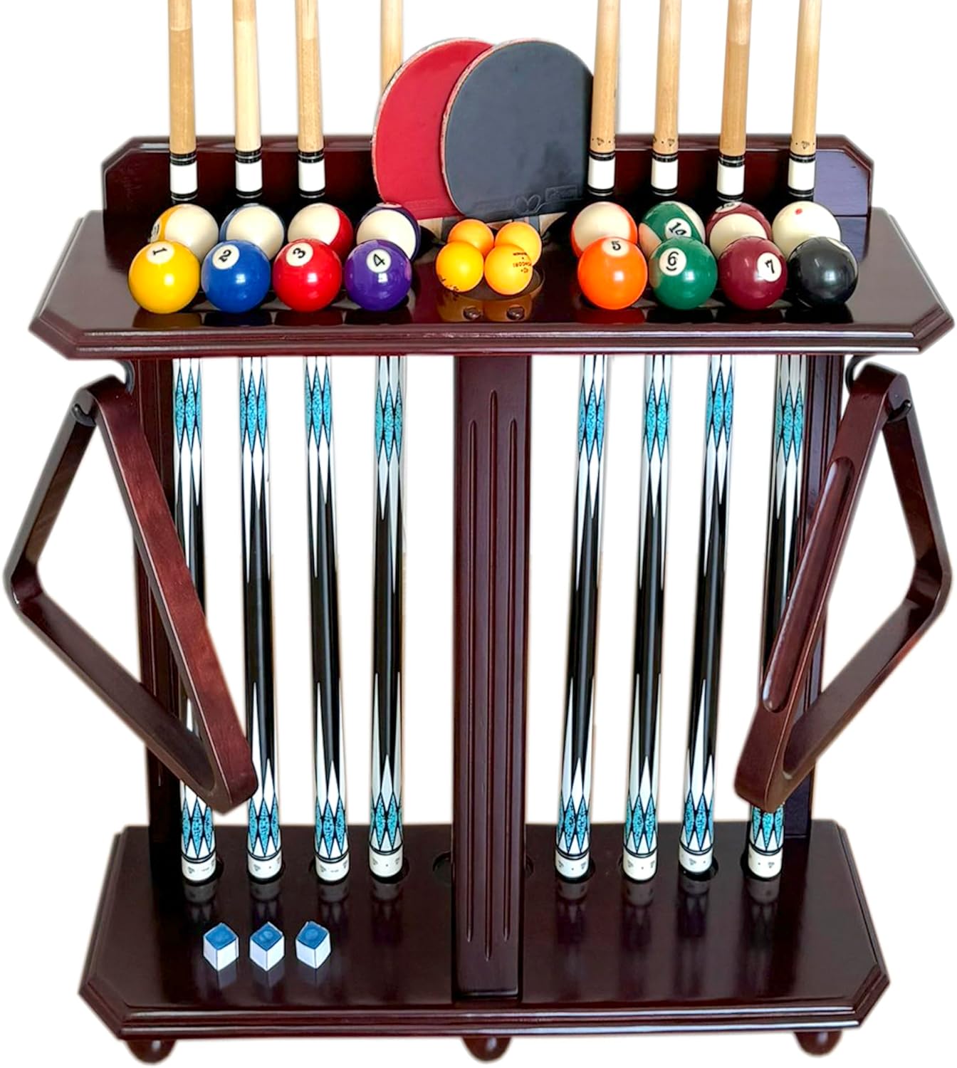Wooden Billiard Cue Rack Hold up to 10 Pool Cue Sticks, Pool Cue Stick Holder, Floor Stand Pool Cue Holder for Billiard Game Room (Dark Mahogany)