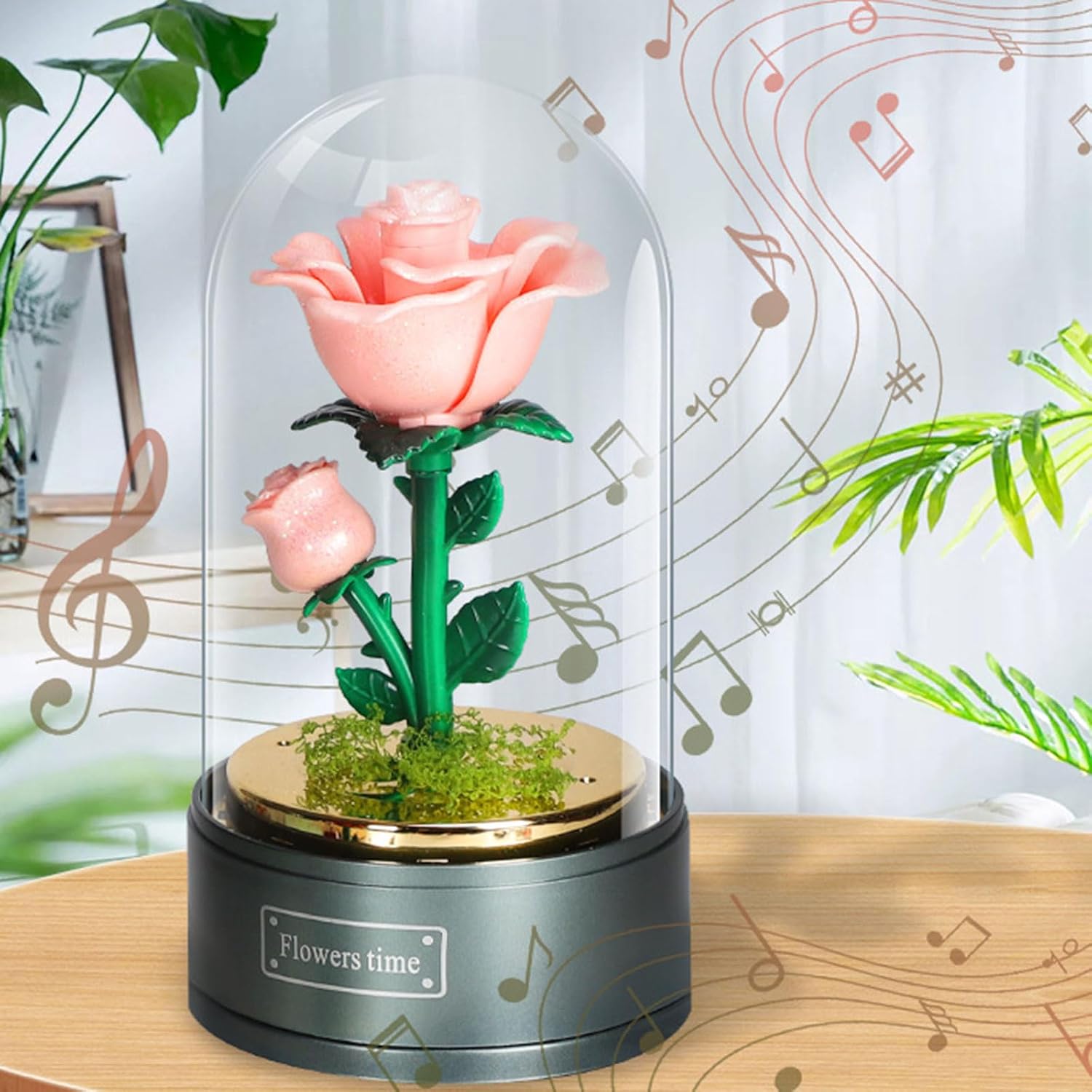 SWEETIME Beauty and The Beast Rose Musical Box,Light Up Pink Rose in Glass Dome,Music Box Gift for Girlfriend Wife Mother Valentines Day Mothers Day Christmas