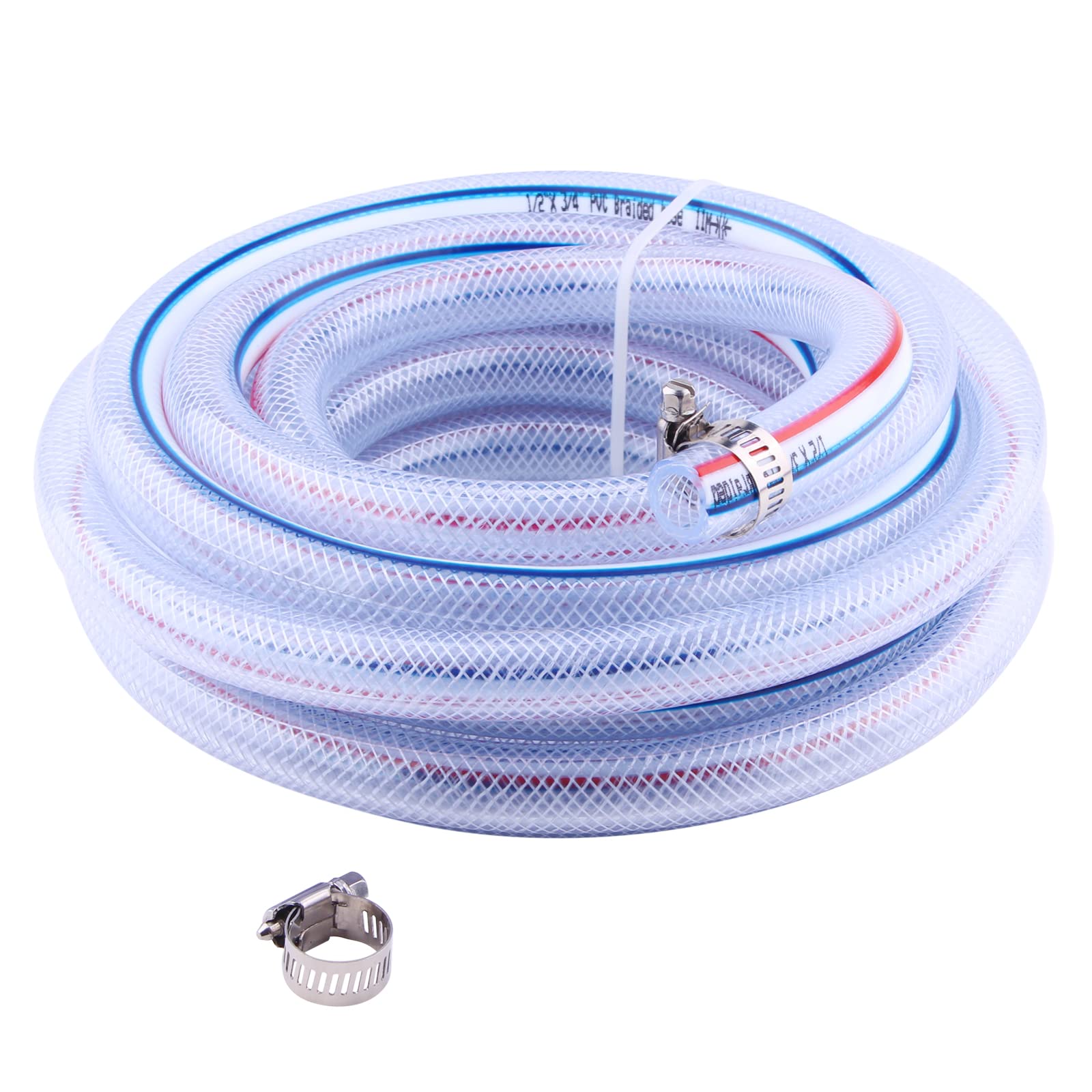 Tubo de PVC trenzado suave - Manguera de vinilo reforzada con tubo de PVC flexible de alta presión de 1/2 x 3/4 pulgadas OD para agua, aceite con 2 abrazaderas de manguera (25 pies)