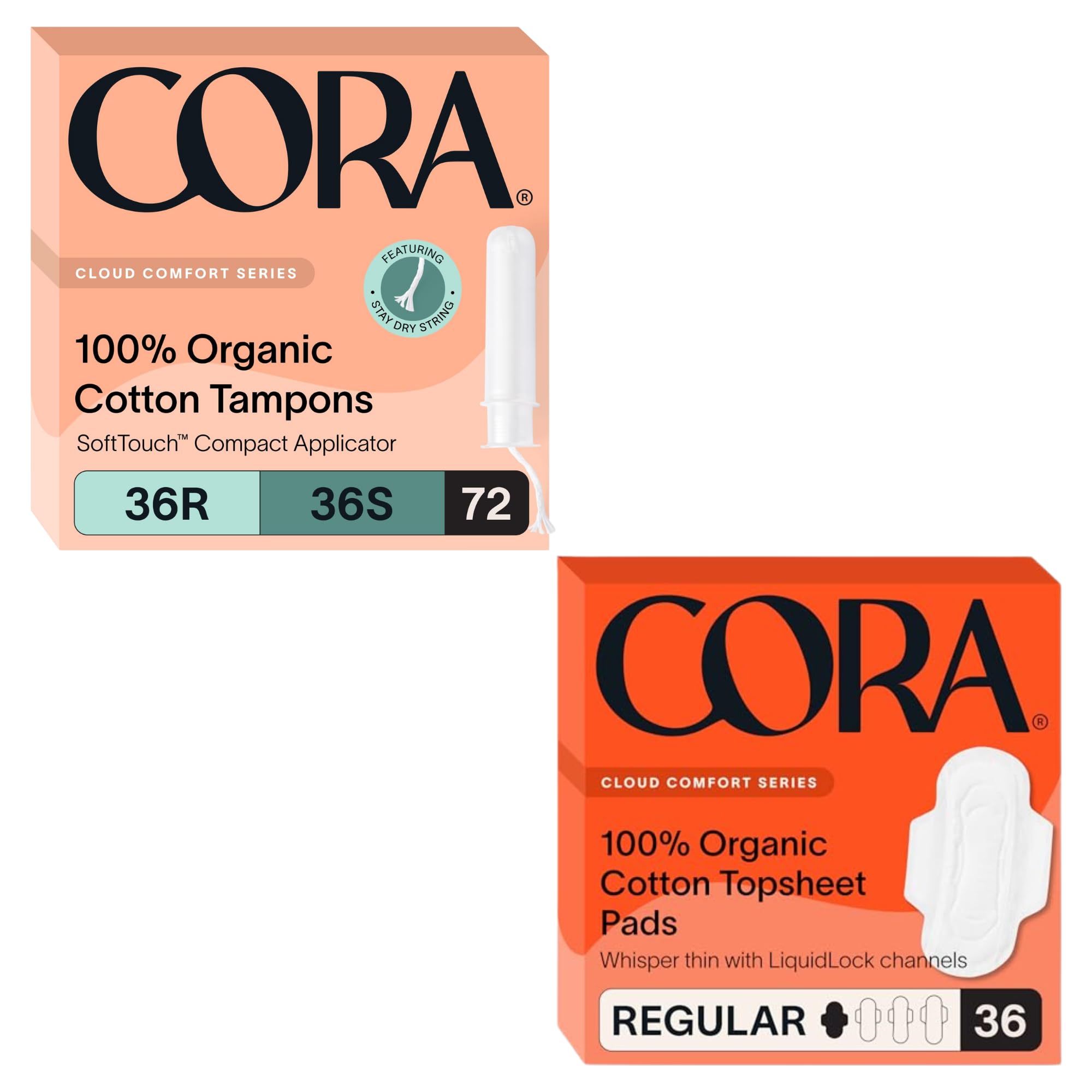 Cora Organic Feminine Care Applicator Tampon Multipack and Regular Pads with Wings Ultra-Absorbent Unscented Natural Non-Toxic 36R S