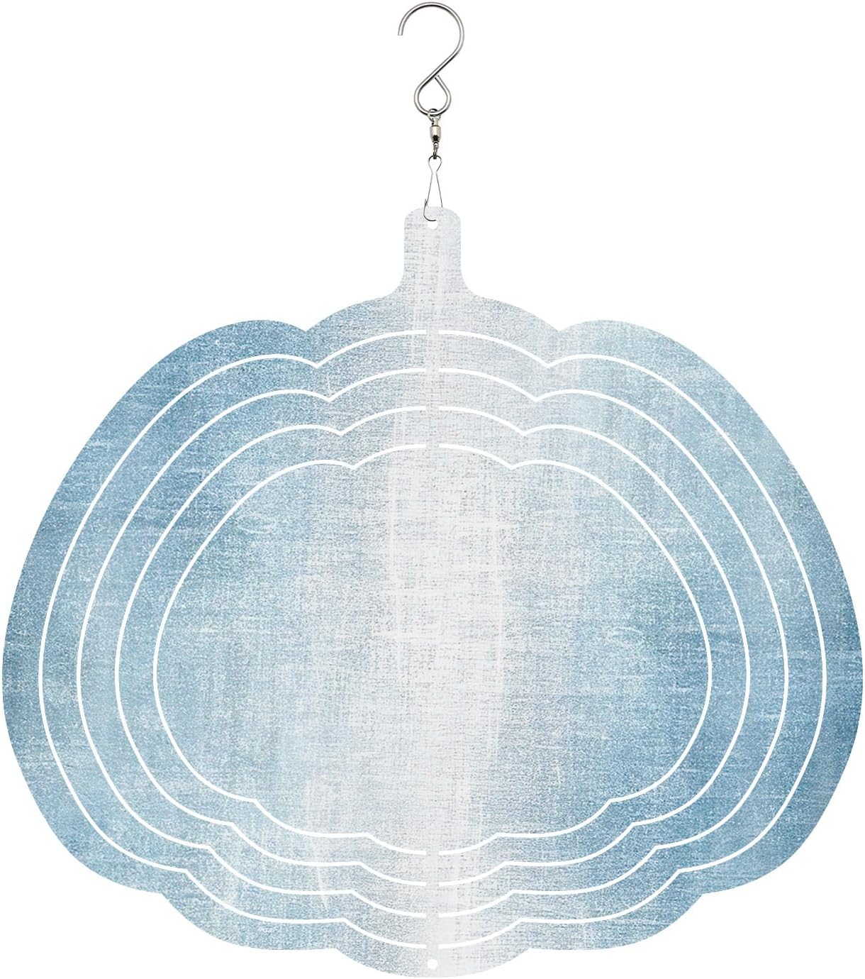 Light Blue Ombre Wind Spinner 3D Stainless Steel, 12 in Pumpkin Shape Double Sided Hanging Wind Spinners, Abstract Mottled Brush Garden Art Wind Sculpture for Yard Porch Front Door