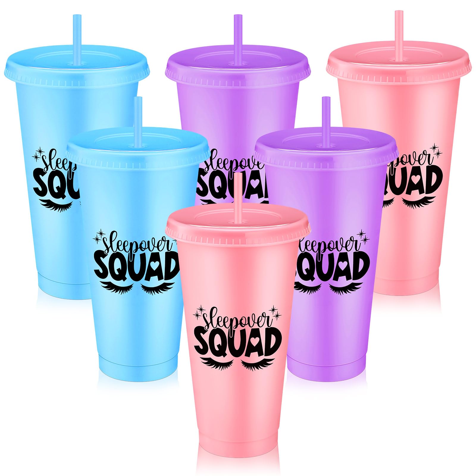 Reallnaive Sleepover Party Supplies for Girls Sleepover Squad Cups with Lids and Straws 24 oz Slumber Party Plastic Tumbler Coffee Cup for Birthdays