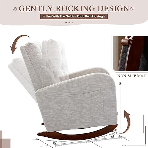 Miniatura 5 de Mecedora moderna para guardería, silla mecedora tapizada con respaldo alto copetudo, cómodo sillón decorativo con cojín grueso y bolsillo grande