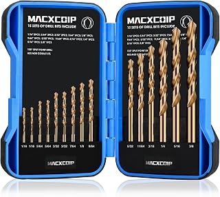 MACXCOIP Cobalt Drill Bit Set, 15Pcs M35 High Speed Steel Jobber Length Drill Bit Kit for Hardened Metal, Stainless Steel, Cast Iron, Wood and Plastic, with Index Storage Case, 1/16"-3/8"