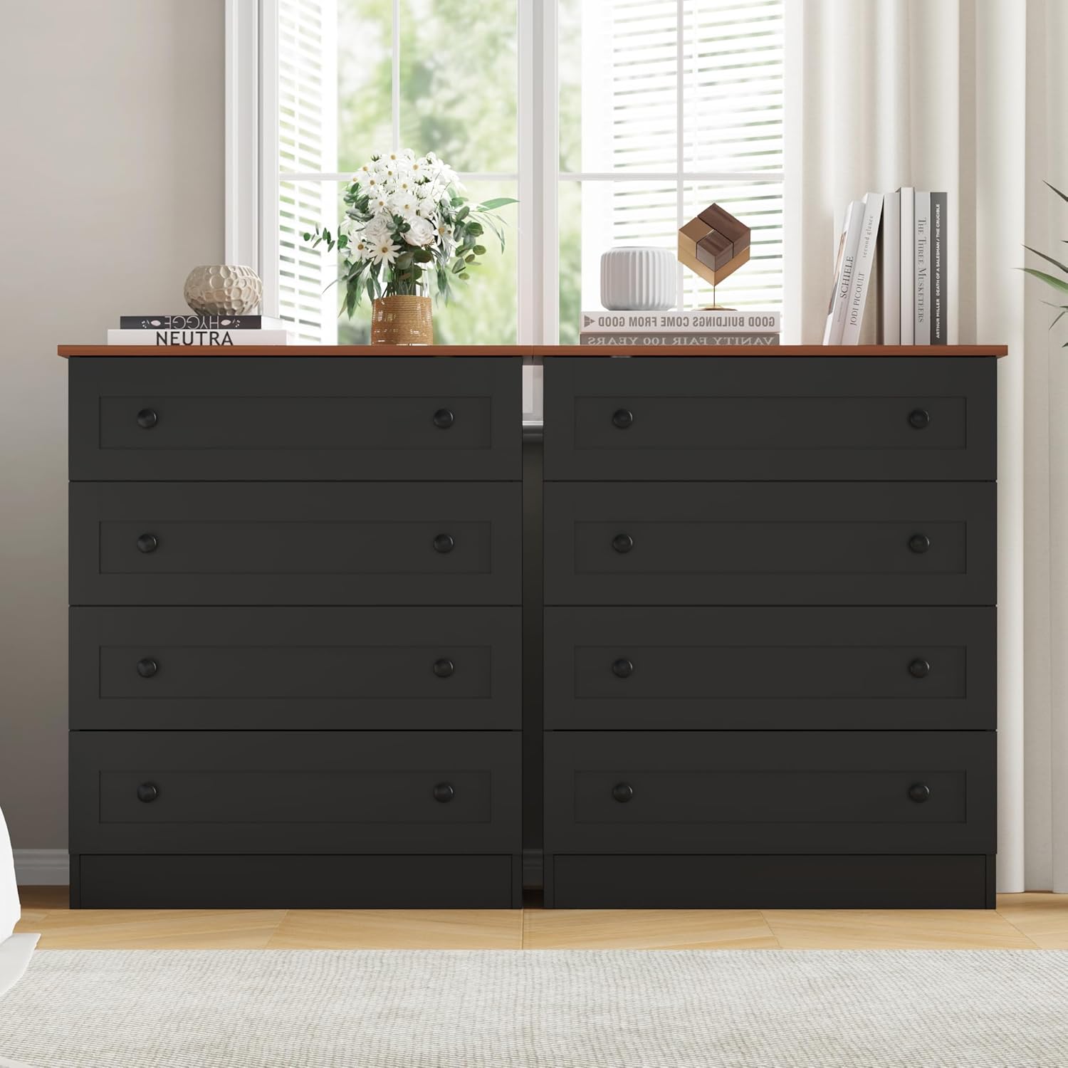 4 Drawer Dresser, Black Dresser Modern Storage Chest of Drawers, Farmhouse Storage Cabinet Organizer with 4 Drawers for Living Room, Entryway, Hallway, Black