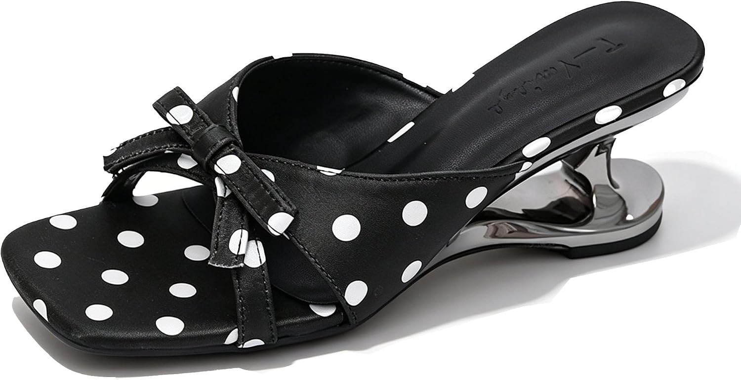 Women'S Polka Dot Bow Wedge Mule Slides Square Toe Flip Flops