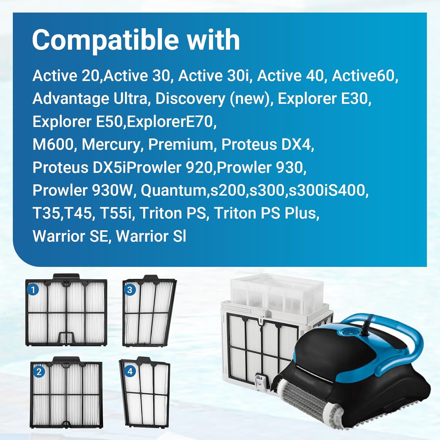 GJK 9991467-R4 Ultra Fine Filter Compatible with Dolphin S200, Proteus DX4, Active 20, Active 30, M600, S300i Robotic Pool Cleaners, Pleated Cartridge Filter, Pack of 4