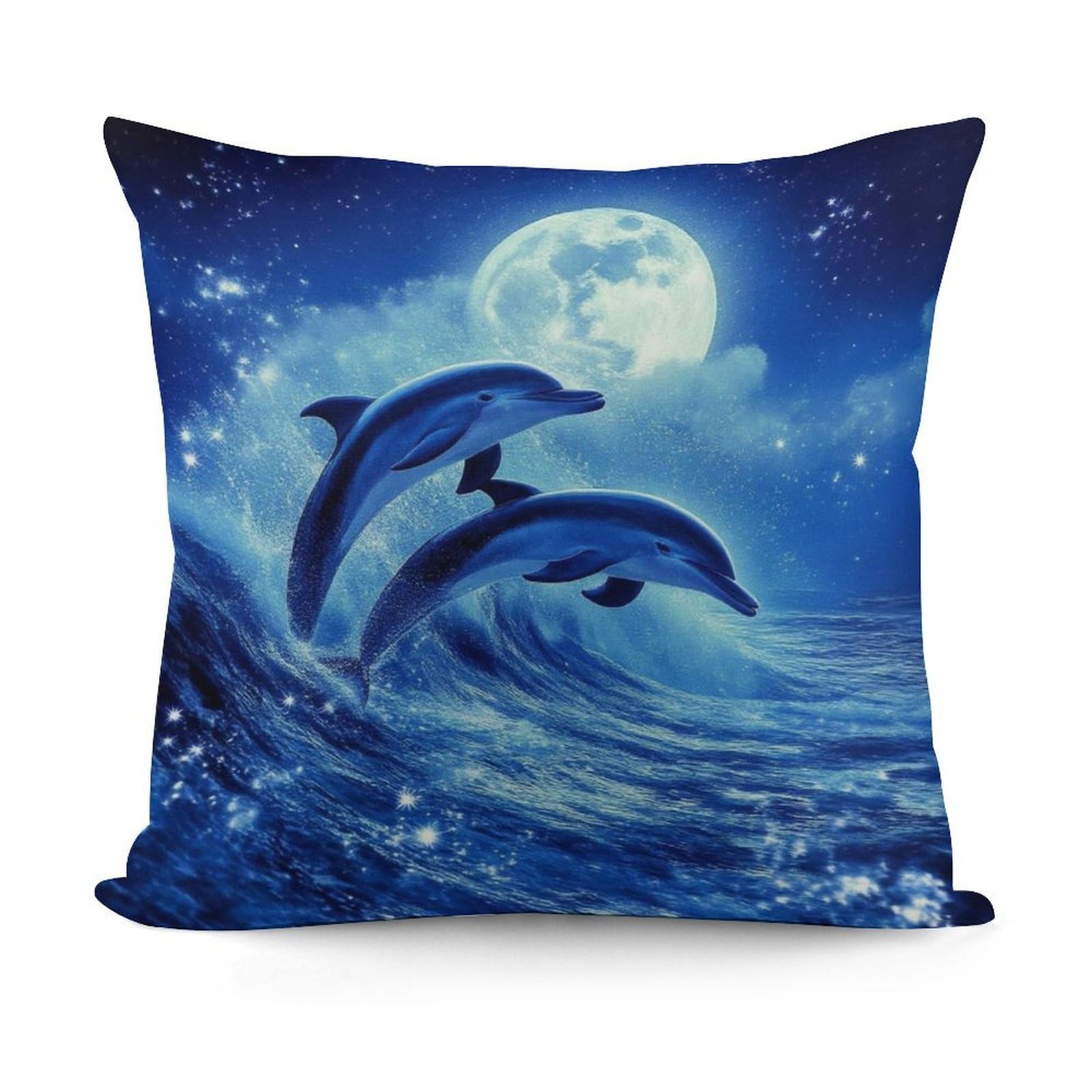 Smazdfxx Picture(602) Fashion Super Soft Blue Great Water Of Waves Sea Full Moon Dolphin Art Pillow Case Cover With Zipper For Bedroom Sofa Couch For All Seasons