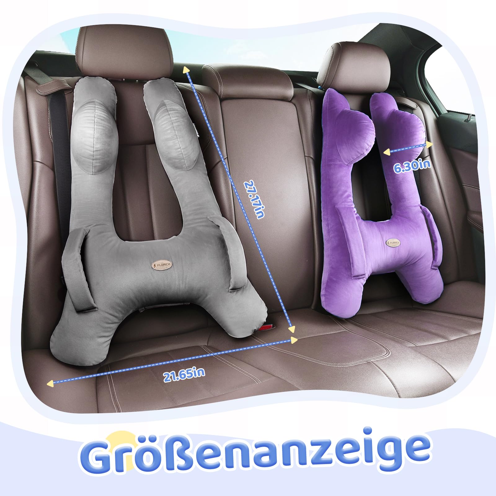 FLORICH Kinder Reisekissen, Schlafkissen Auto Kinder, Abnehmbares H förmiges Kissen Atmungsaktiv für Jungen und Mädchen und Erwachsene für Auto Urlaub (Dunkelgrau)