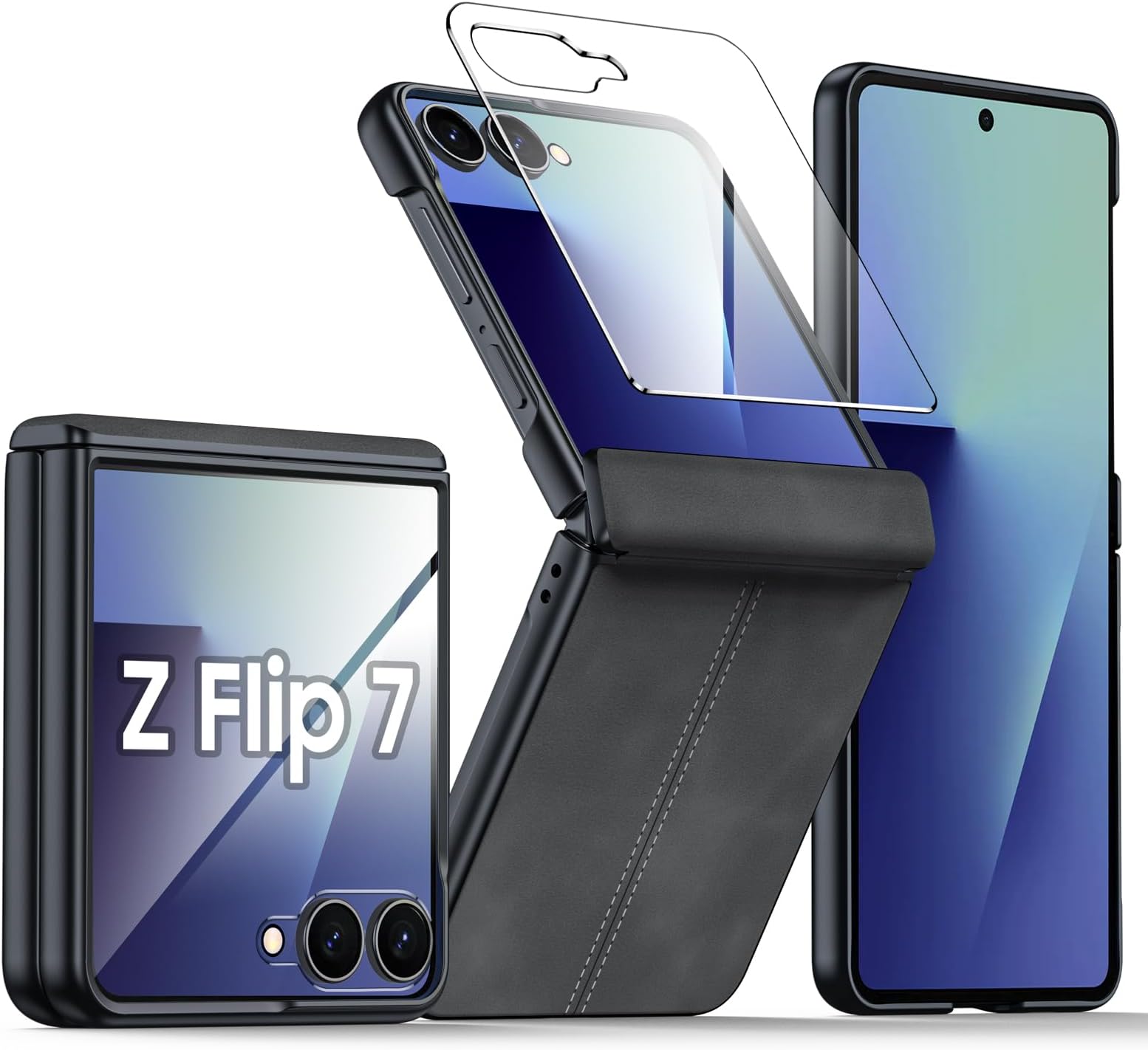 for Samsung Galaxy Z Flip 7 Case with Hinge Protection & Built-in Screen Protector, Ultra Thin Stylish Leather Matte PC Durable Shockproof Cover Phone Case for Galaxy Z Flip 7-Black Gray