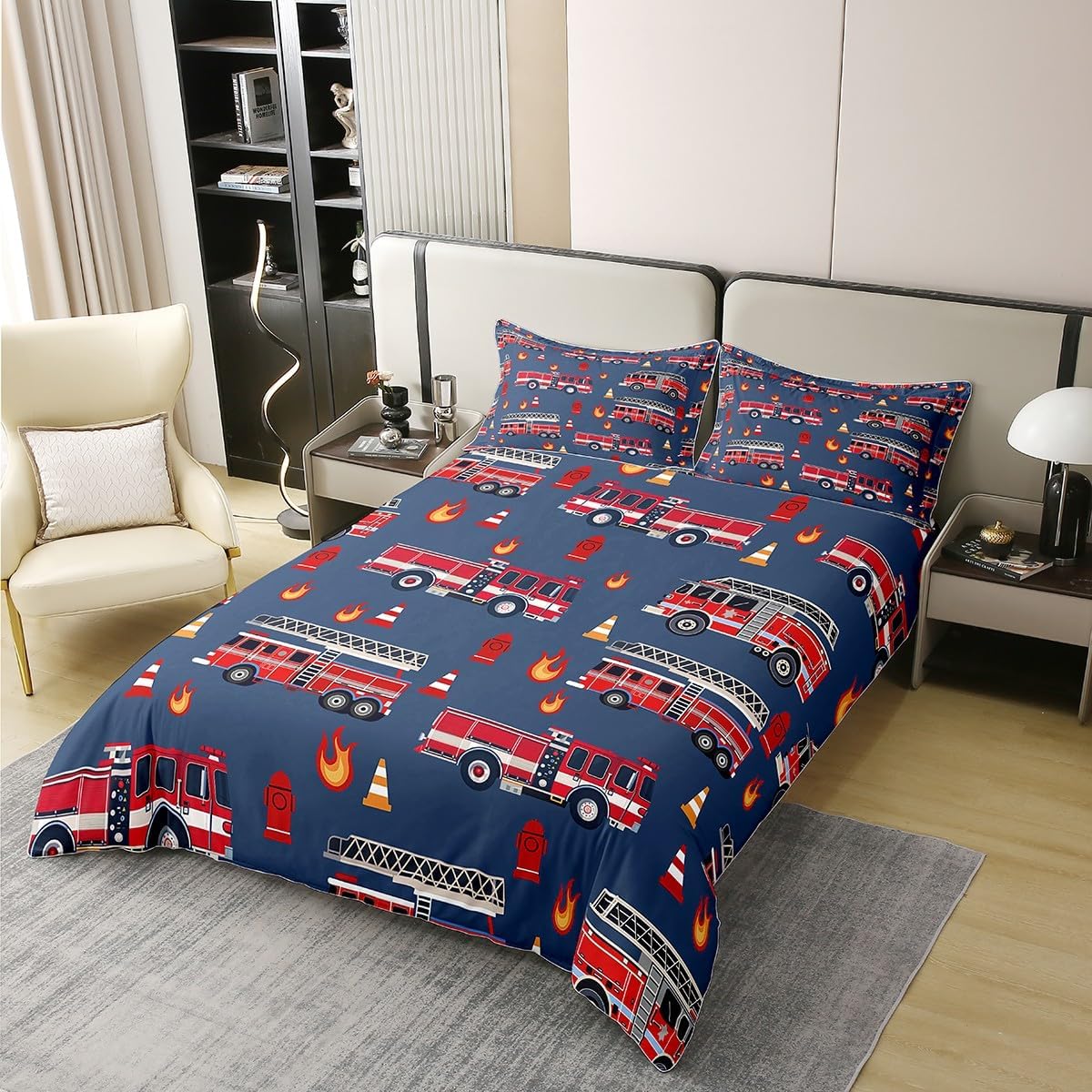 100% Cotton Fire Trucks Duvet Cover Twin Size 2 Pcs Cartoon Red Trucks Decor Bedding Set for Kids Boys Girls Teens Cartoon Fire Hydrant Flame Decor Quilt Cover,1 Pillowcase(No Comforter)