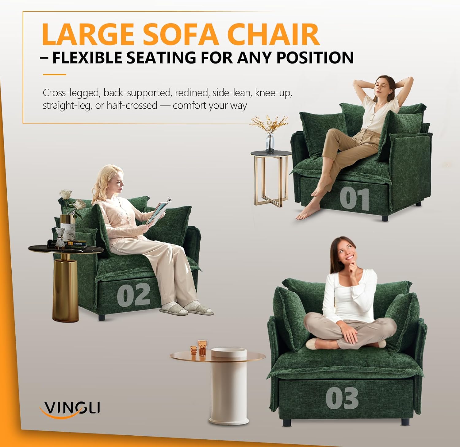 VINGLI 34" Oversized Accent Chair Reading Chair, Upholstered Armchair Soft Chenille Fabric Living Room Chairs Sofa for Adults Bedroom, Home Office, Play Room