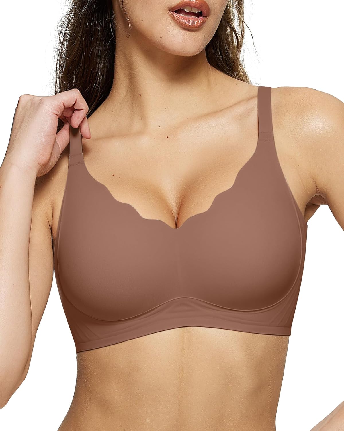 LetsJoli Wireless Seamless Bras for Women No Underwire Push Up Scalloped V Neck Full Coverage Support Bralettes Everyday Bras