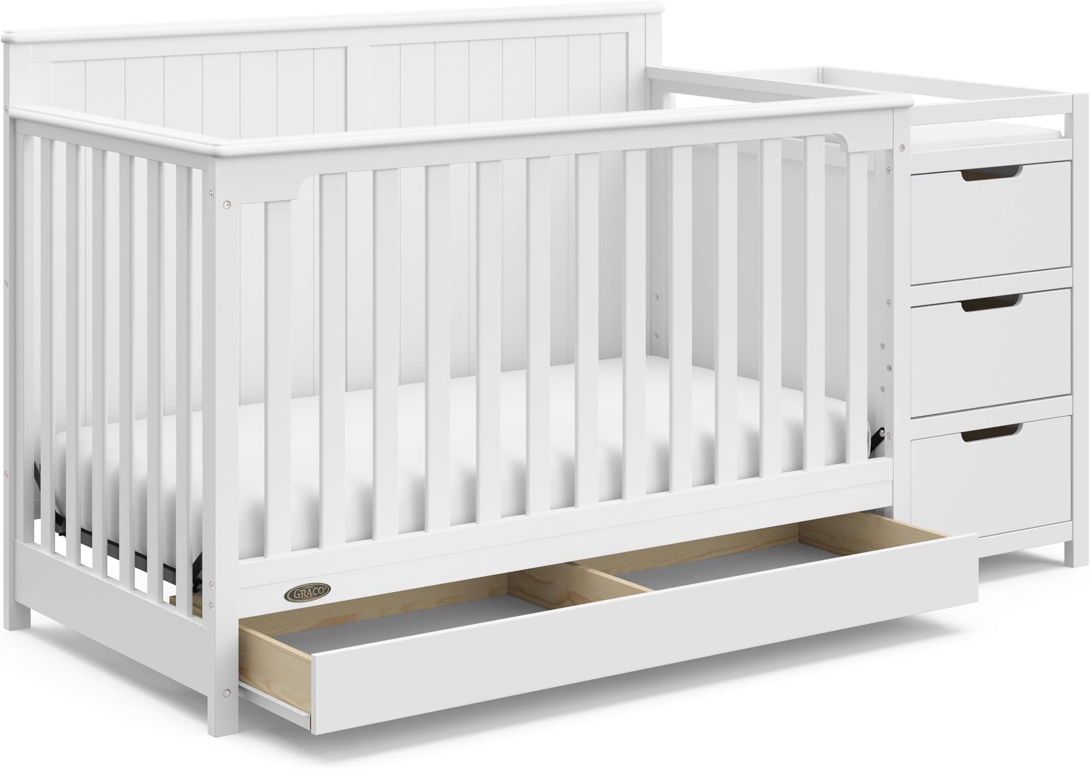 Hadley 5-in-1 Convertible Crib & Changer (White) – GREENGUARD Gold Certified, Fits Standard Crib Mattress, Converts to Toddler Bed and Full Bed, 4 Adjustable Mattress Heights