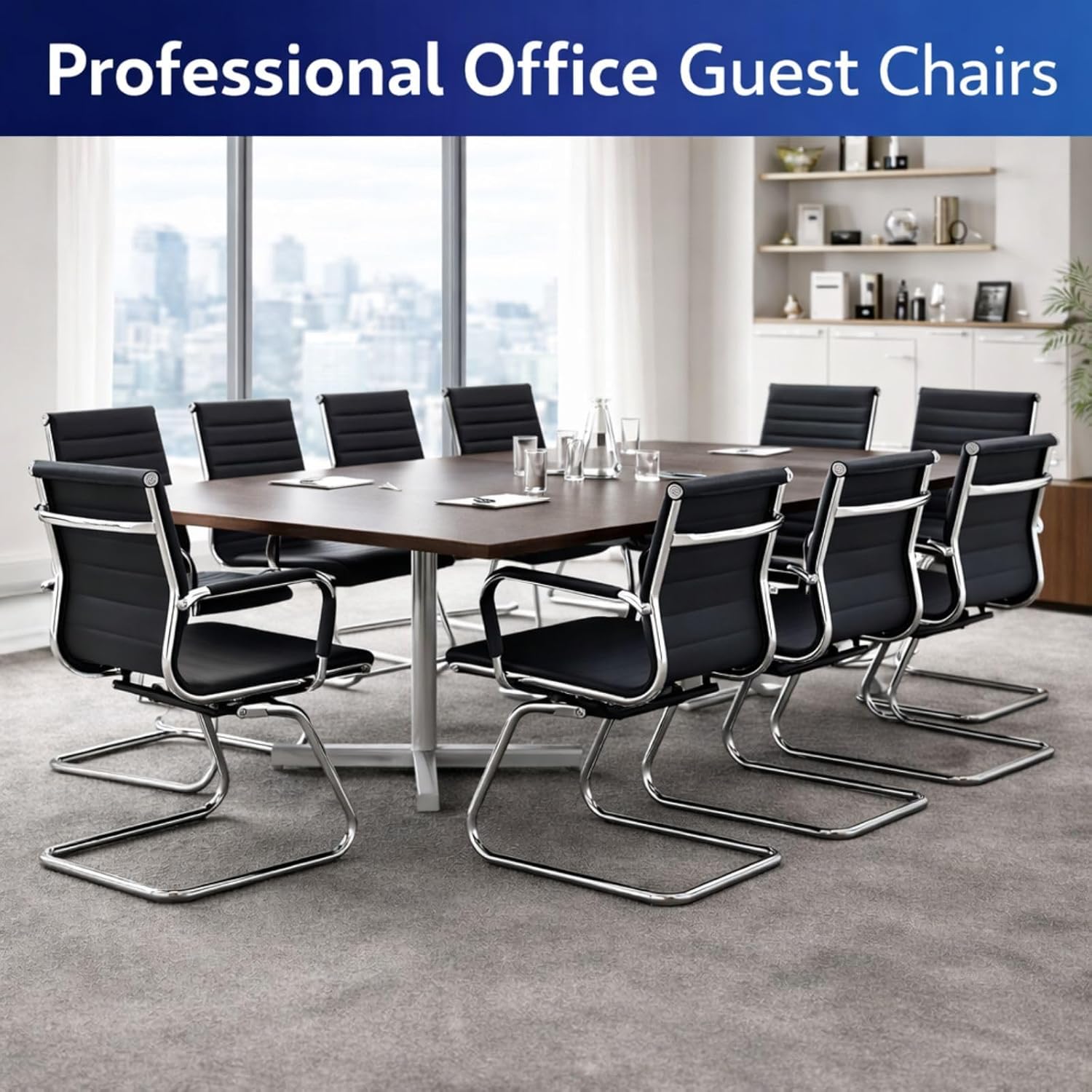 Black Office Desk Chair No Wheels Set of 8 PU Leather Computer Chairs Mid Back Guest Chairs for School Reception Conference Waiting Room, Black