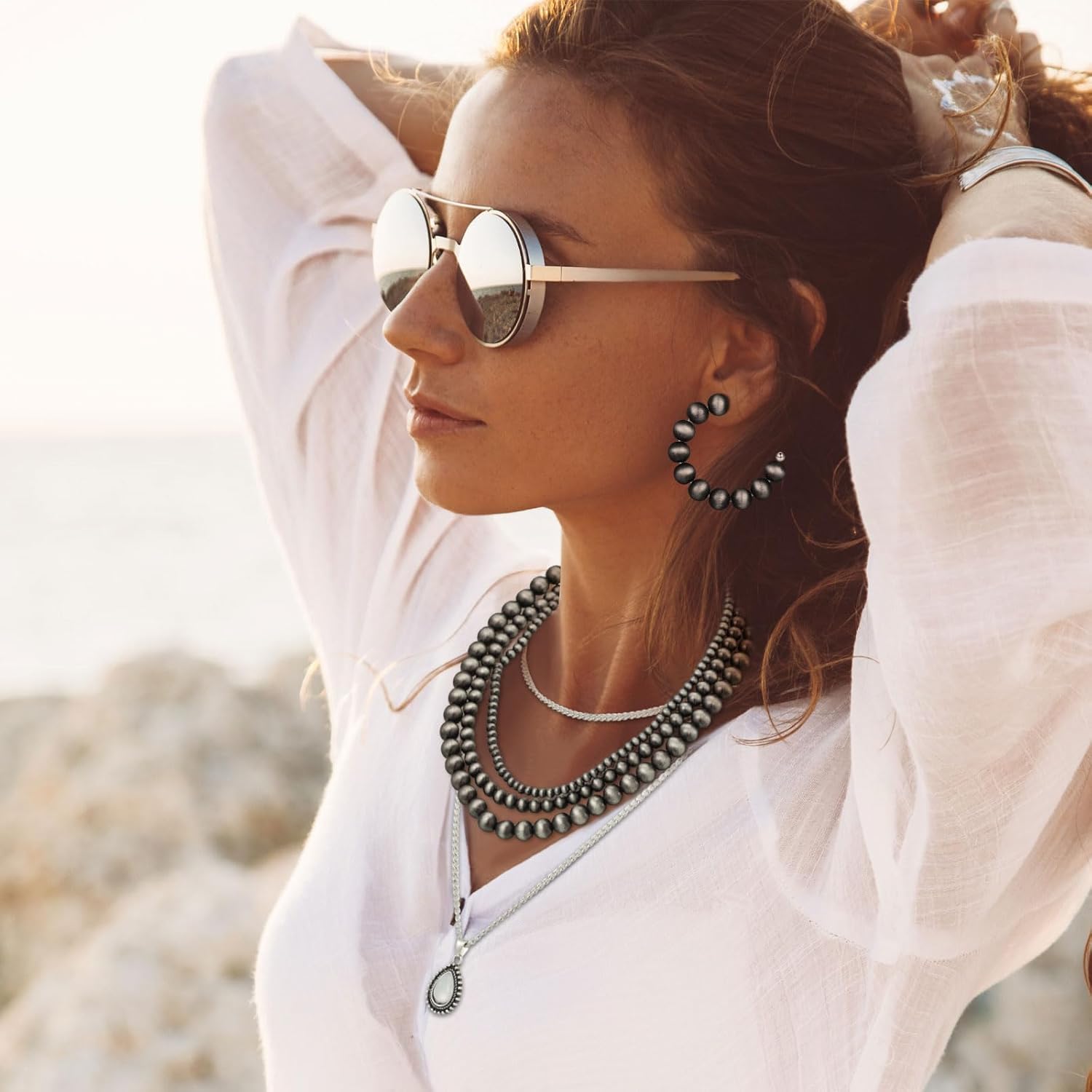 Kigeli 5 Pcs Pearl Jewelry Set Necklace Earring and Bracelets Vintage Multilayer Pearl Necklace Western Style Choker Silver Drop Pendant for Women Accessories - Image 4