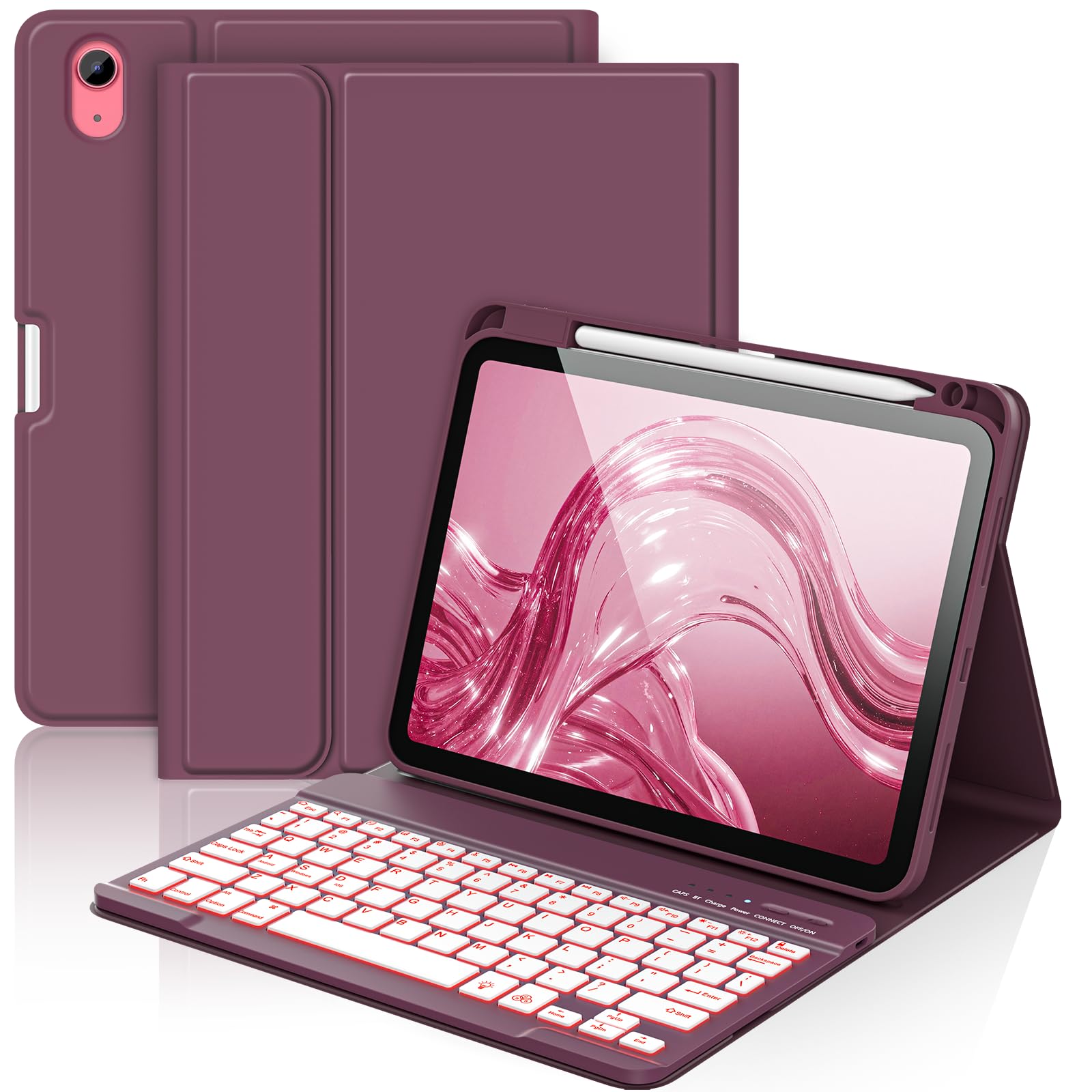 aMZCaSE Detachable Keyboard Case for iPad 10th & 11th Gen (A16) | 7-Color Backlit, Folio Design, Smart Wake/Sleep, Pencil Holder, Dark Cherry, 10.9" 2022 & 11" 2025