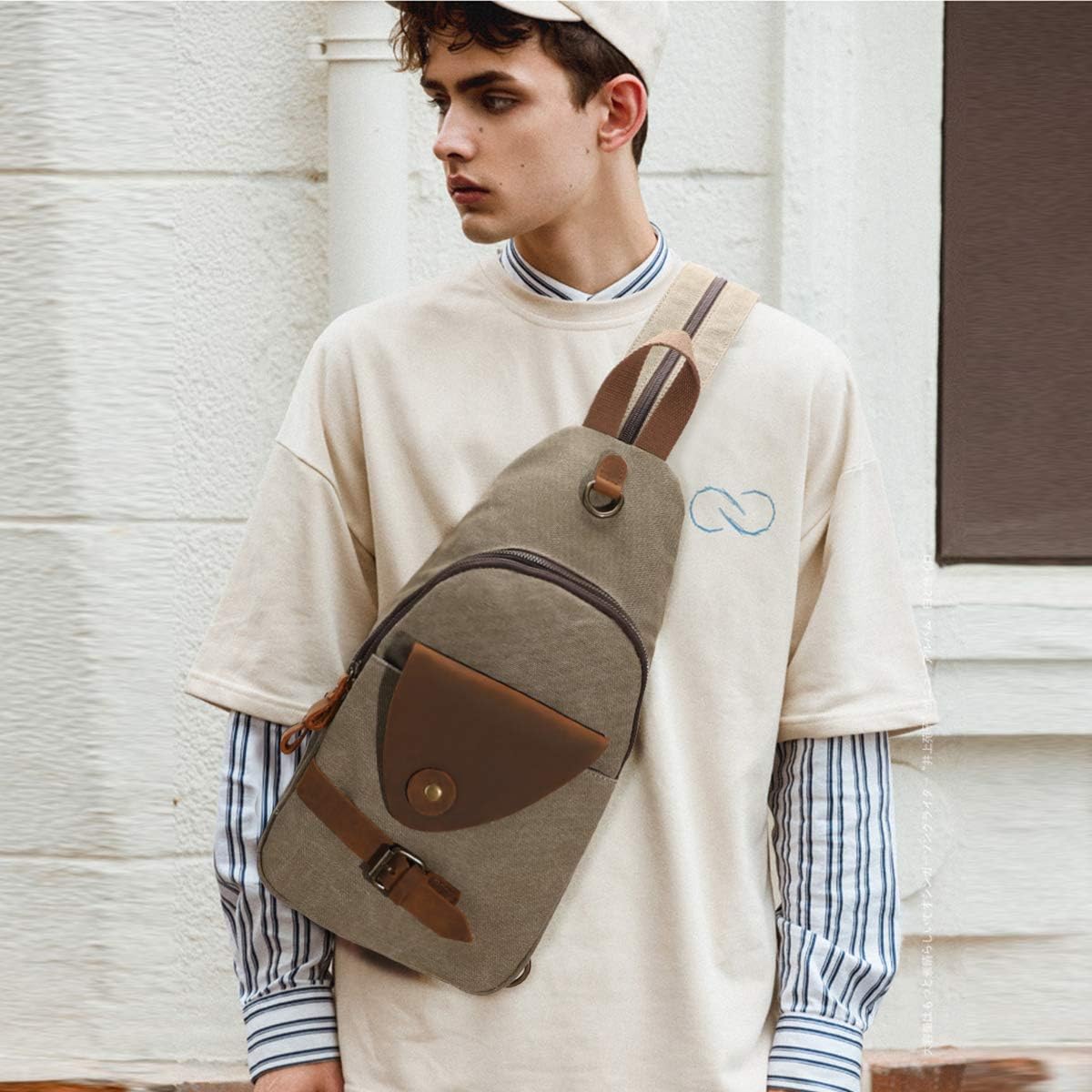 KL928 Canvas Sling Bag Crossbody Backpack Shoulder Casual Rucksack for Men Women,Olive Green