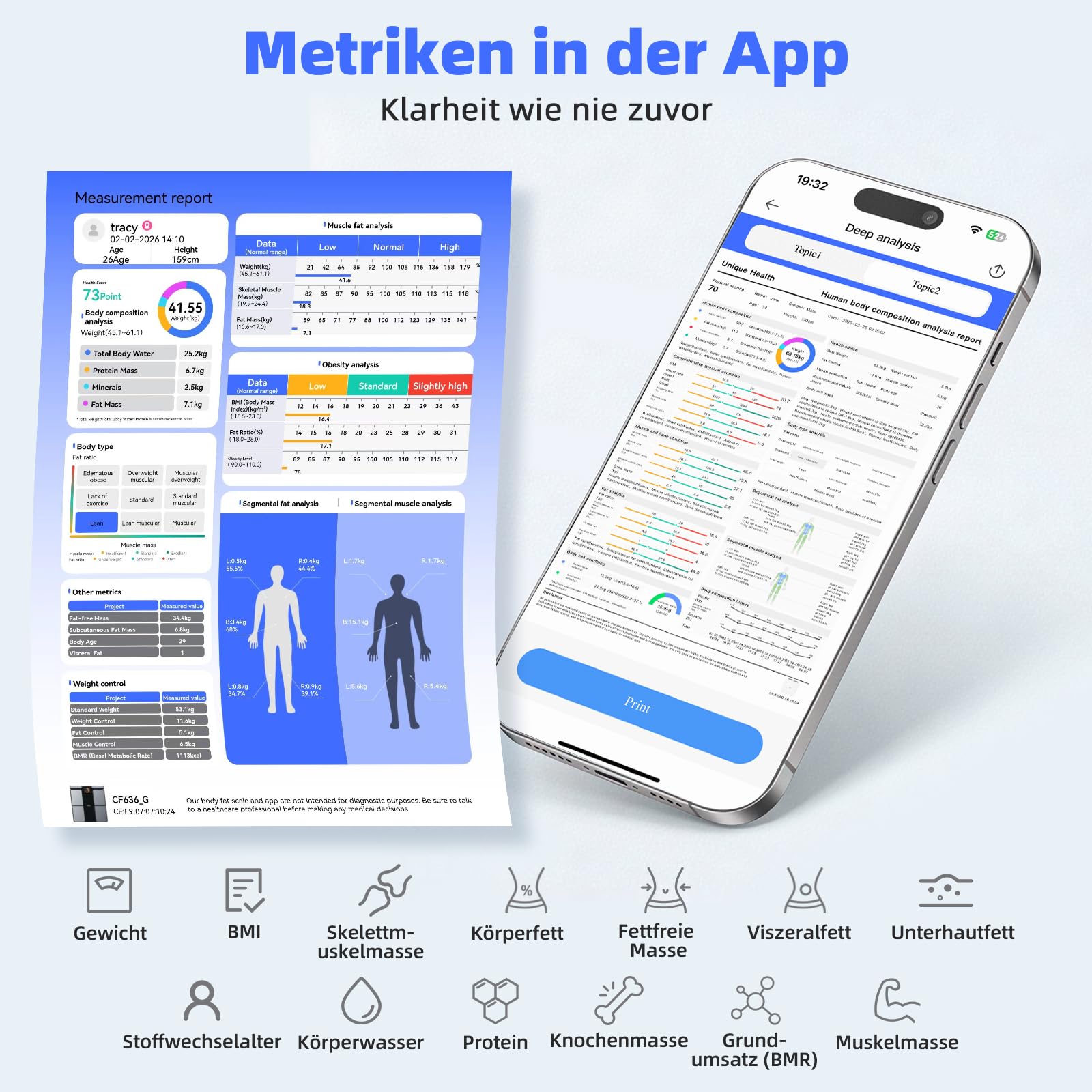 Körperfettwaage mit 8 Elektroden, Waage Personen mit 58 Körperanalyse Großem Display Personenwaage Digital mit Bluetooth App 180 kg/400 lbs Körperfettwaage mit Handsensoren für BMI, Protein, BMR