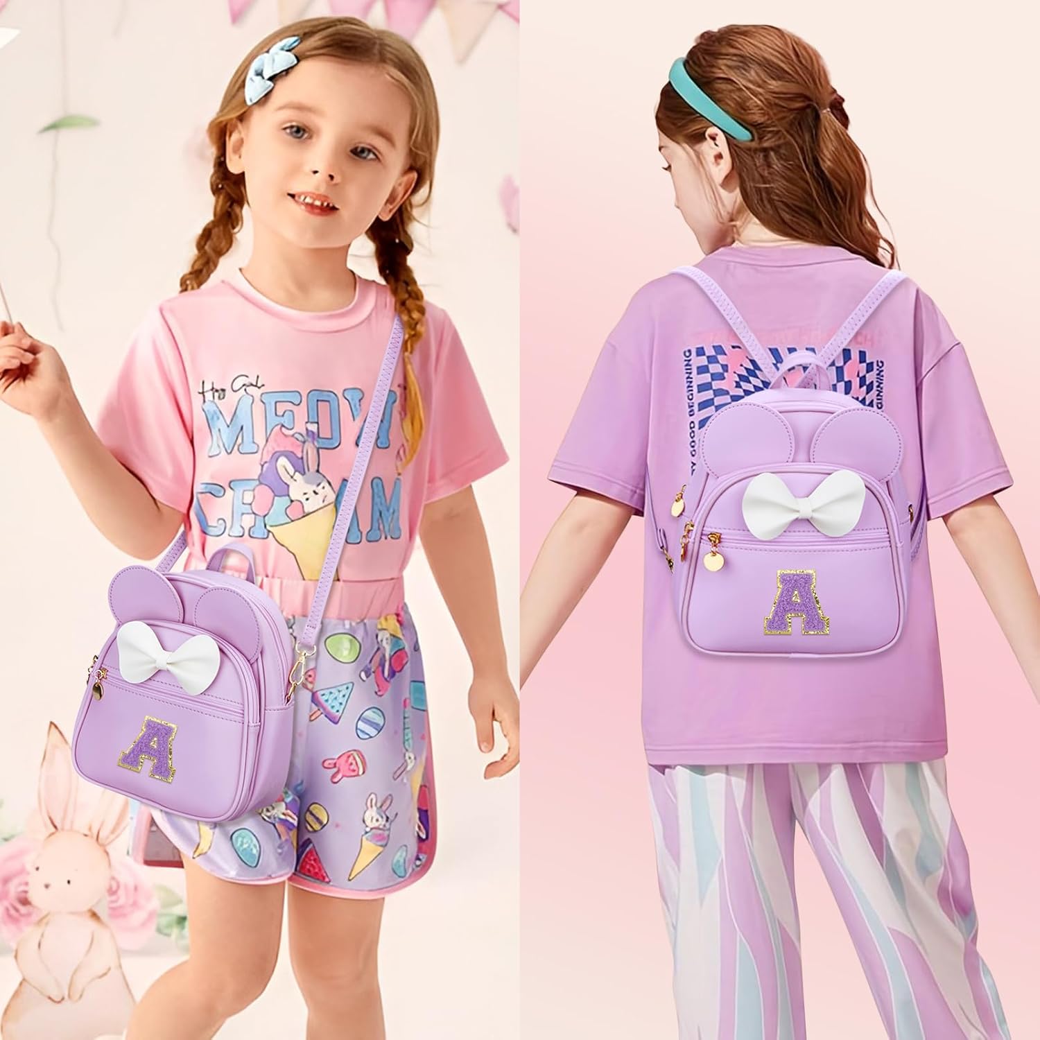 KKXIU Girls Initial Bowknot Cute Mini Backpack for Toddler, Travel Small Girl Backpacks, Personalized Birthday Gifts for Little Girls and Kids(A, Purple)