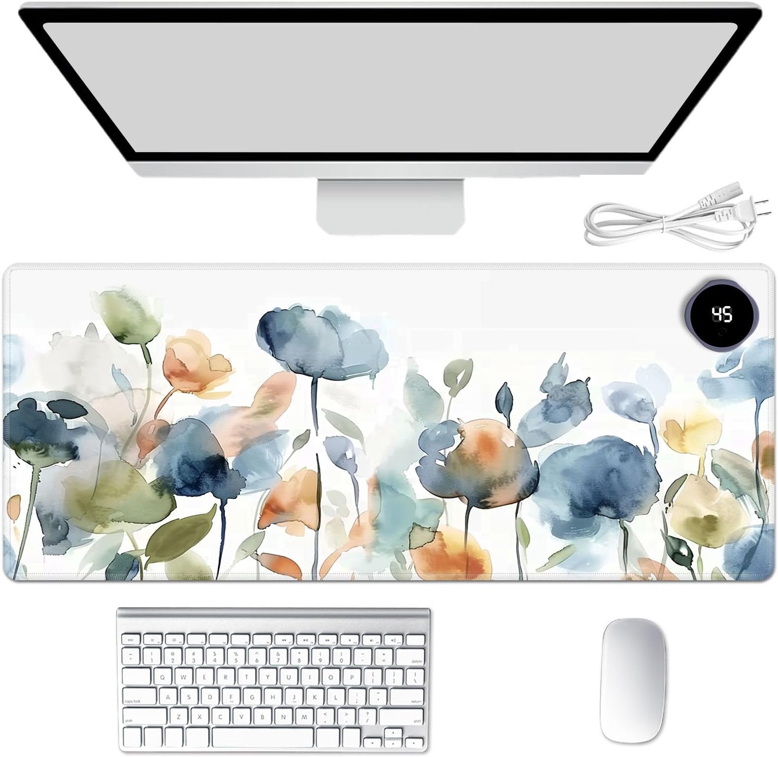 Heated Mouse Pad Hand Warmer, Warm Desk Pad Mousepad Desk Mat with 3 Levels Heating and Auto Shut Down 31.5 x 13 inch PU Leather Warmer Keyboard Mat for Gaming Laptop Office Home, Watercolor Flower