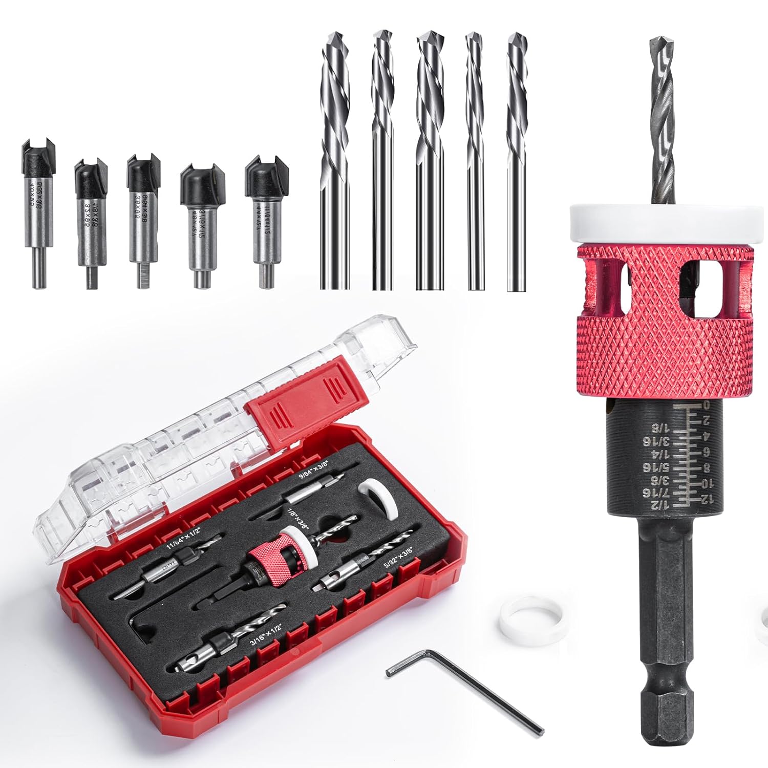 82° 5Pcs Countersink Drill Bit Set - HSS M2 Hex Shank Depth Stop & Plastic Collar,3-in-1 Pilot Drill & Counterbore Sizes: 1/8" 9/64" 5/32" + 3/8", 11/64" 3/16" + 1/2" (red)
