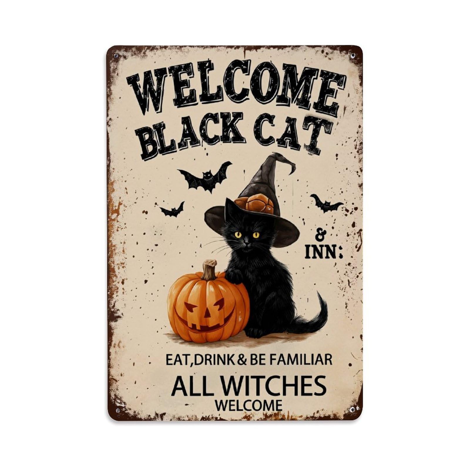 Black Cat Witch Hat Pumpkin Bat Tin Sign Vintage Metal Poster, Home Bar Garage Man Cave Cafe Indoor & Outdoor Wall Decoration 8x12Inches